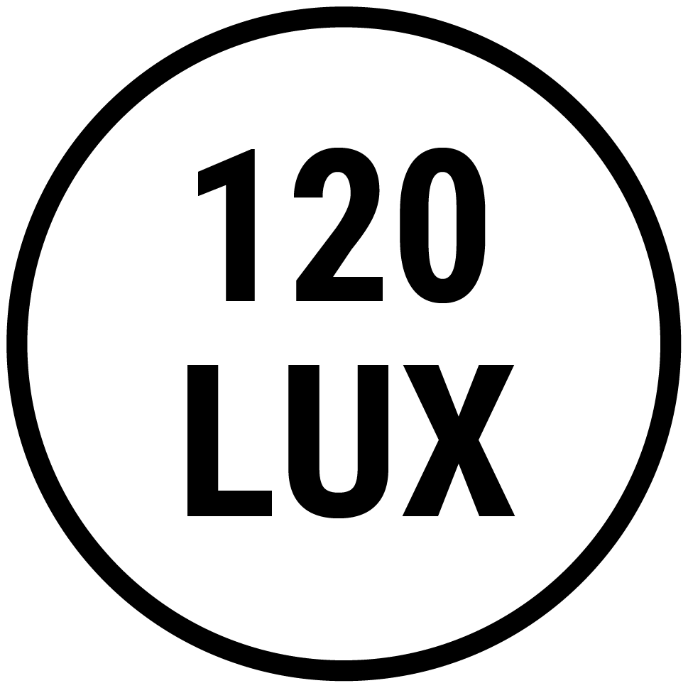 Icon 120 Lux in schwarzem Kreis auf weißem Grund