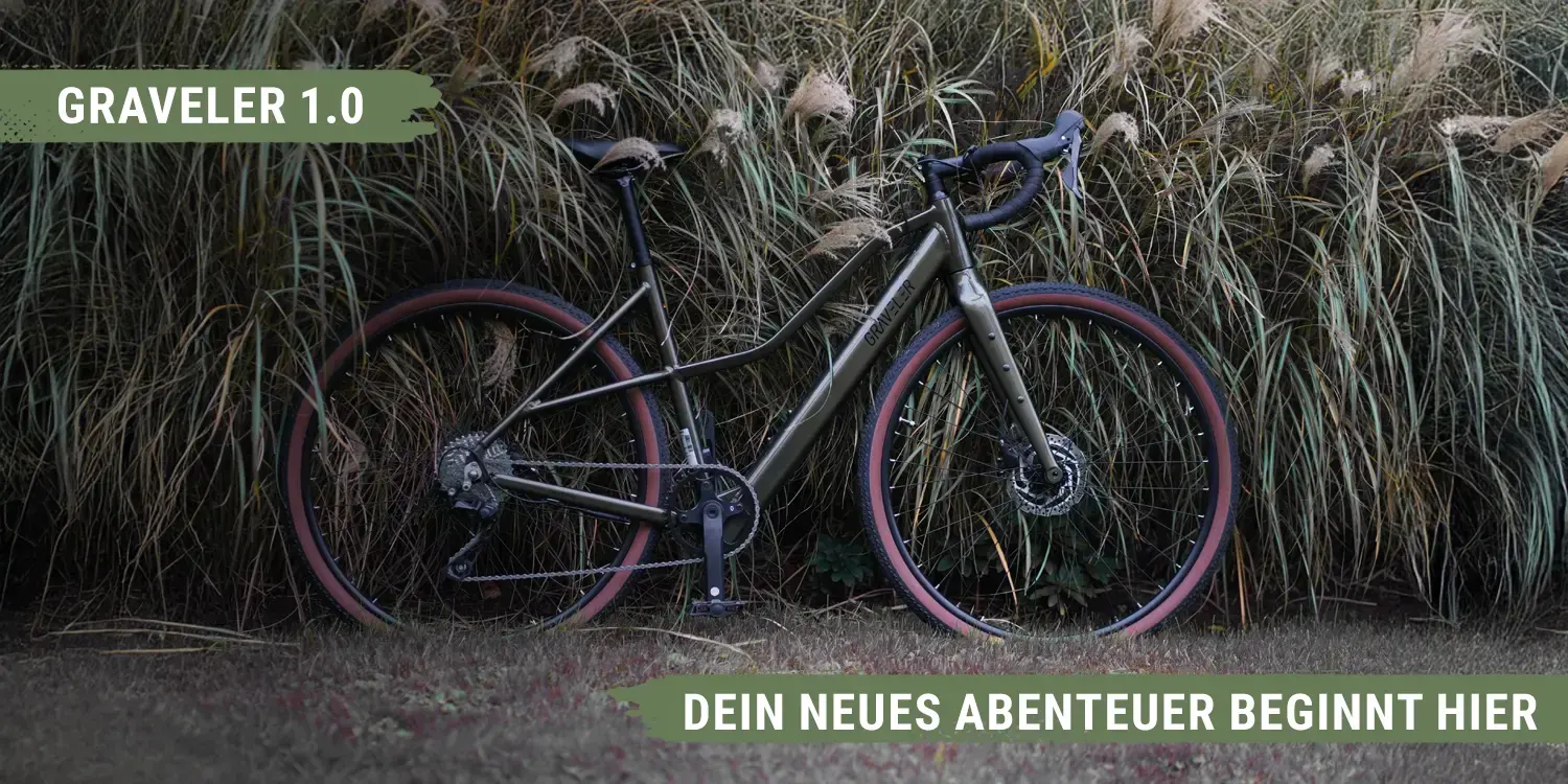 Prophete Graveller 1.0 E-Gravelbike in Grün, Trapezrahmen, auf Wiese vor Pampasgras stehend