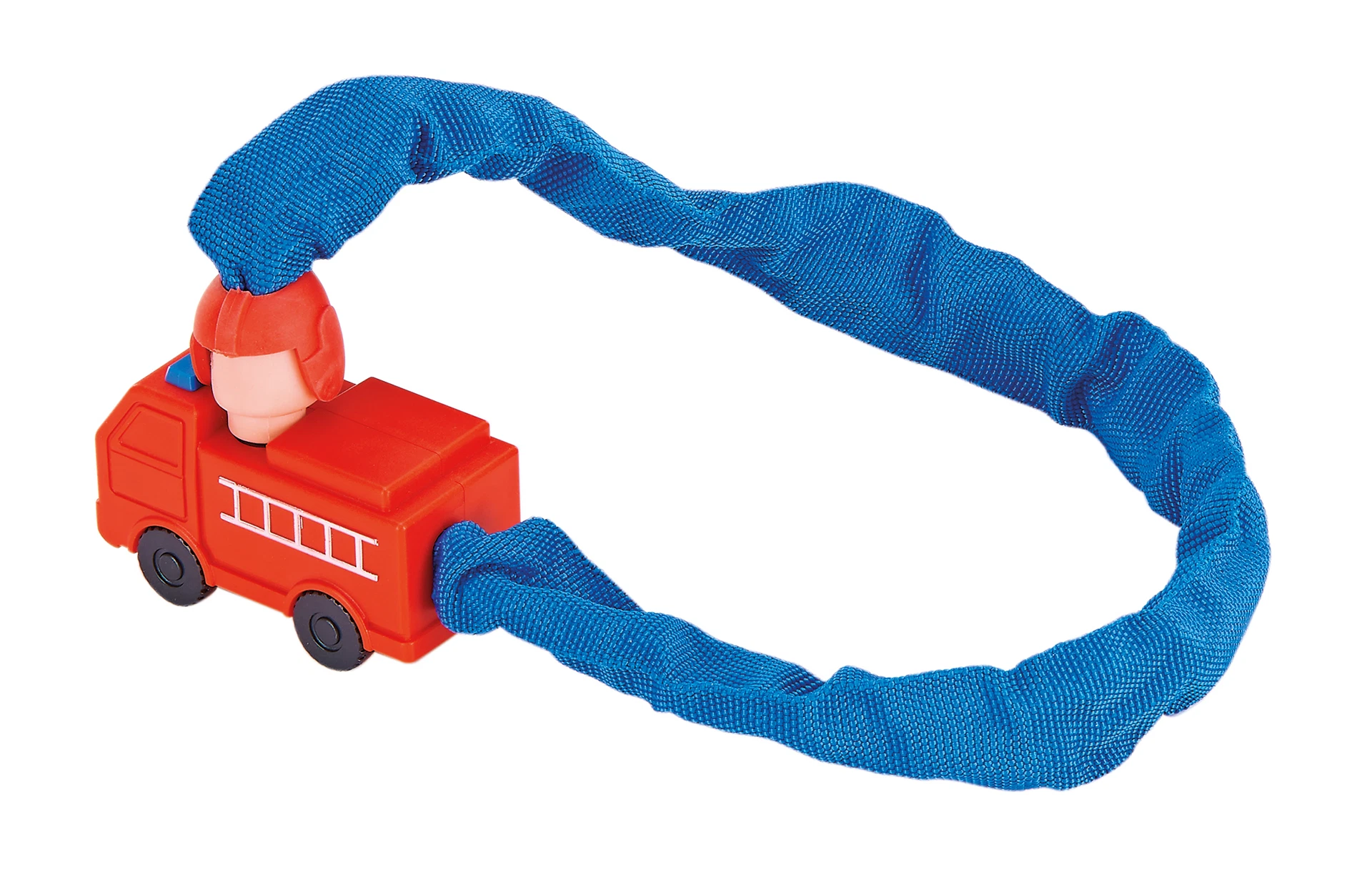 Kinderfahrradschloss rot/blau mit Feuerwehrauto als Verschluss - diagonale Ansicht auf weißem Grund