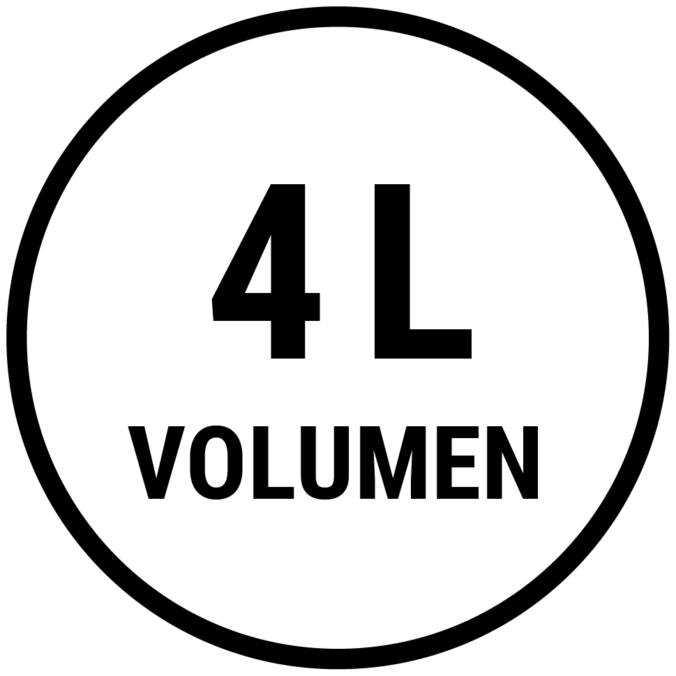 Icon Volumen 4L in schwarzem Kreis auf weißem Grund