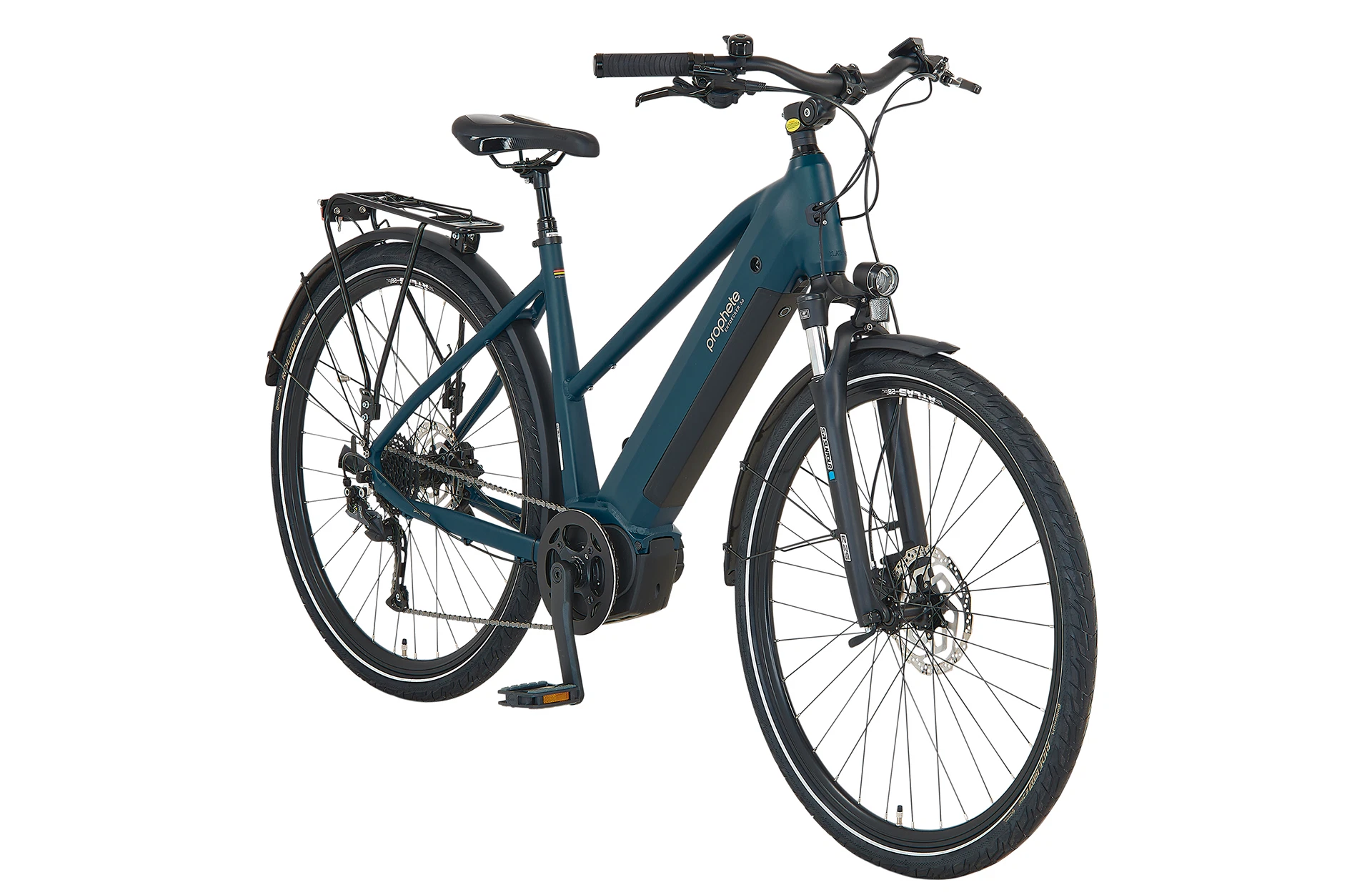 Vollansicht diagonal Prophete Entdecker 3.0 Trekking E-Bike mit vollintegriertem Akku im Trapezrahmen vor weißem Hintergrund