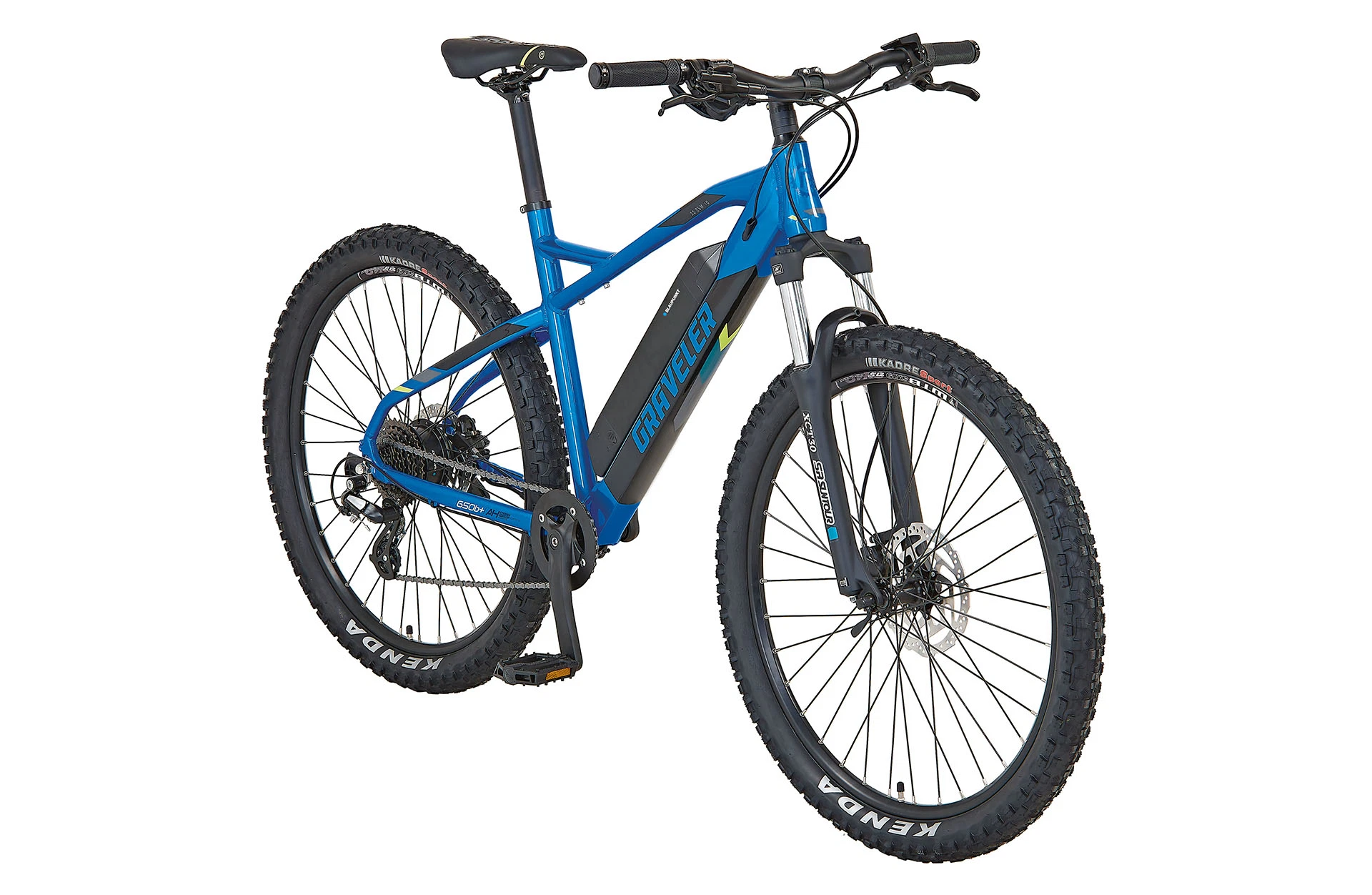 Vollansicht diagonal Prophete Graveler Hardtail E-MTB mit Heckmotor vor weißem Hintergrund