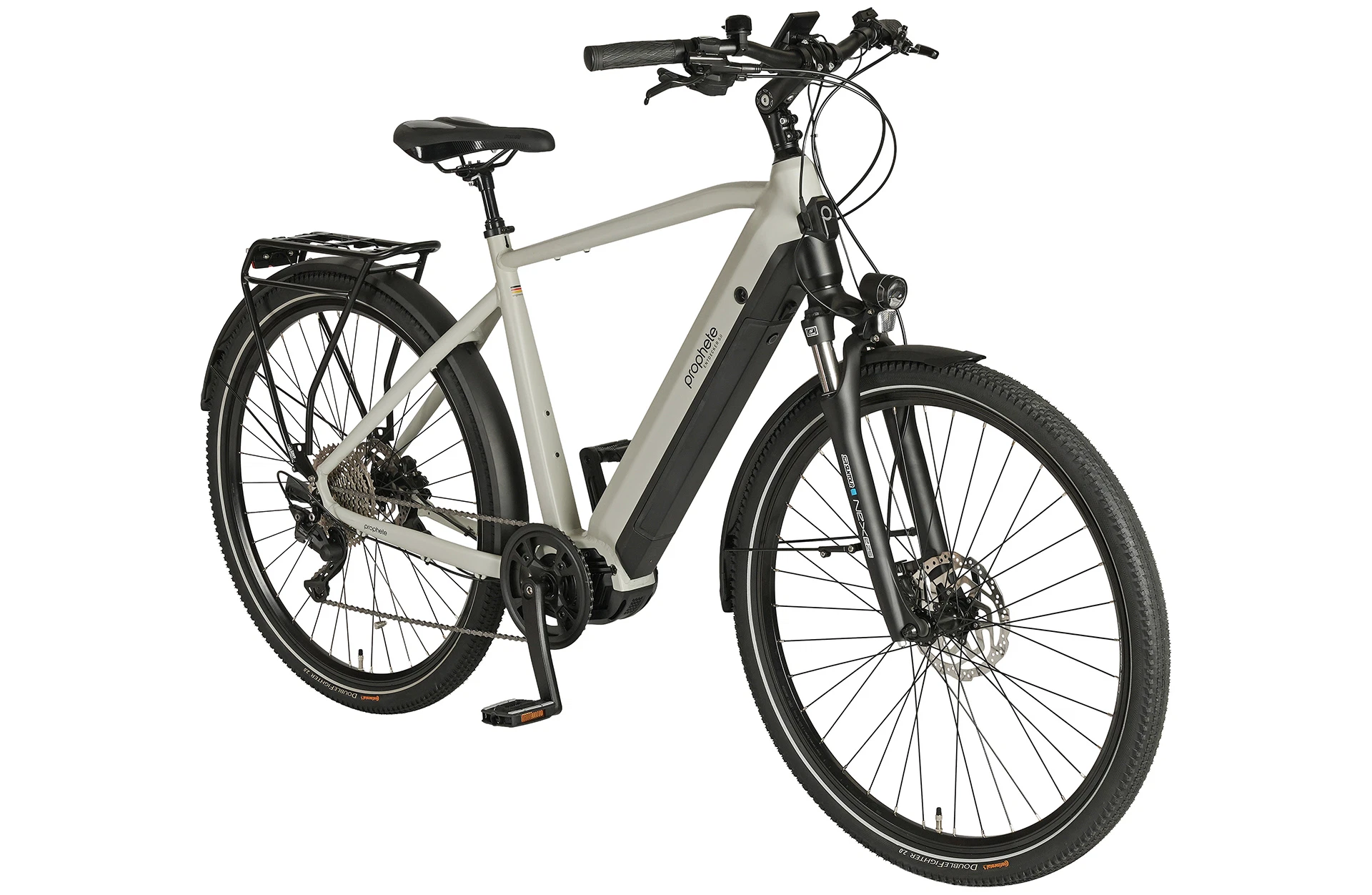 Entdecker 5.0 grau City E-Bike - diagonale Ansicht auf weißem Grund