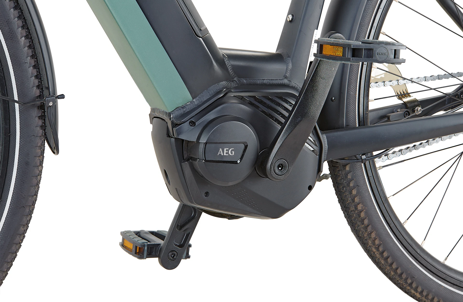 Geniesser 4.0 schwarz/silber City E-Bike - Detailansicht Motor auf weißem Grund