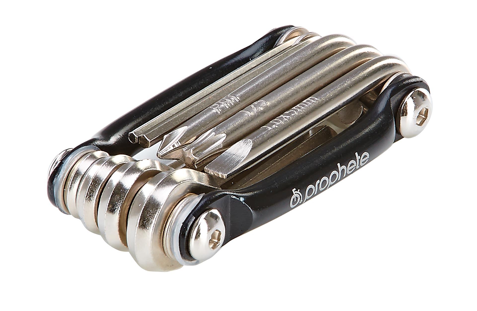 Multitool schwarz mit Prophete Logo eingeklappt - diagonale Ansicht