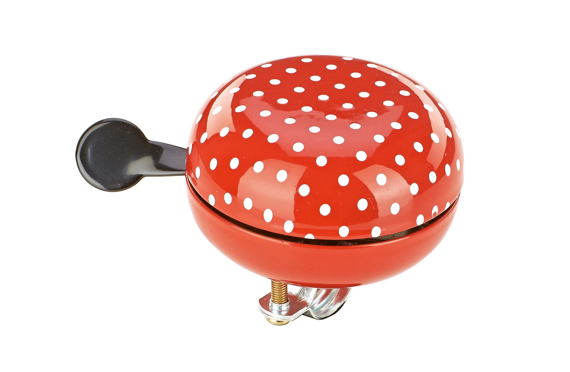 Klingel rot mit weißen Punkten - diagonale Ansicht auf weißem Grund