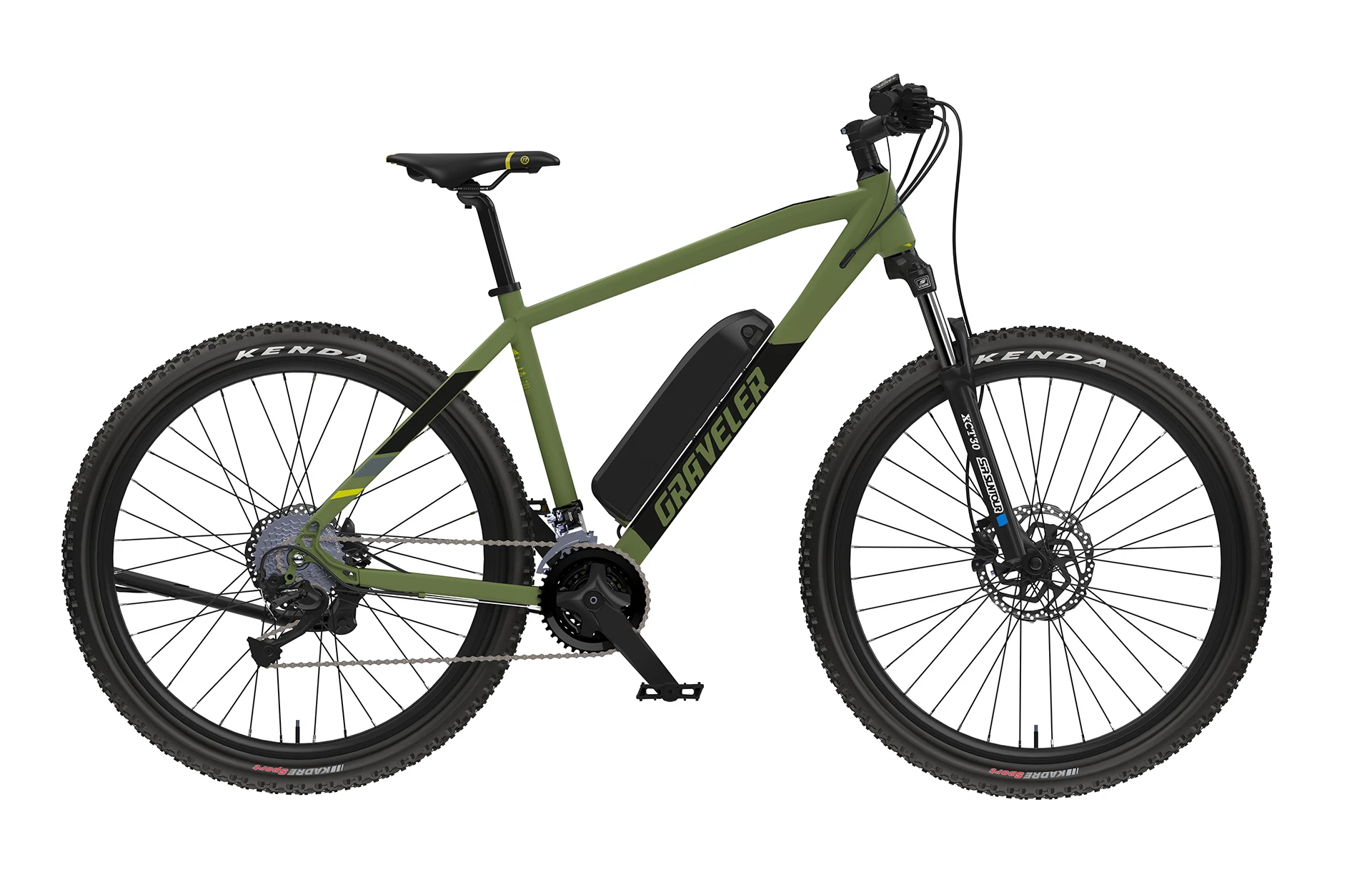Vollansicht seitlich Prophete Graveler E-MTB mit Hardtail Rahmen vor weißem Hintergrund