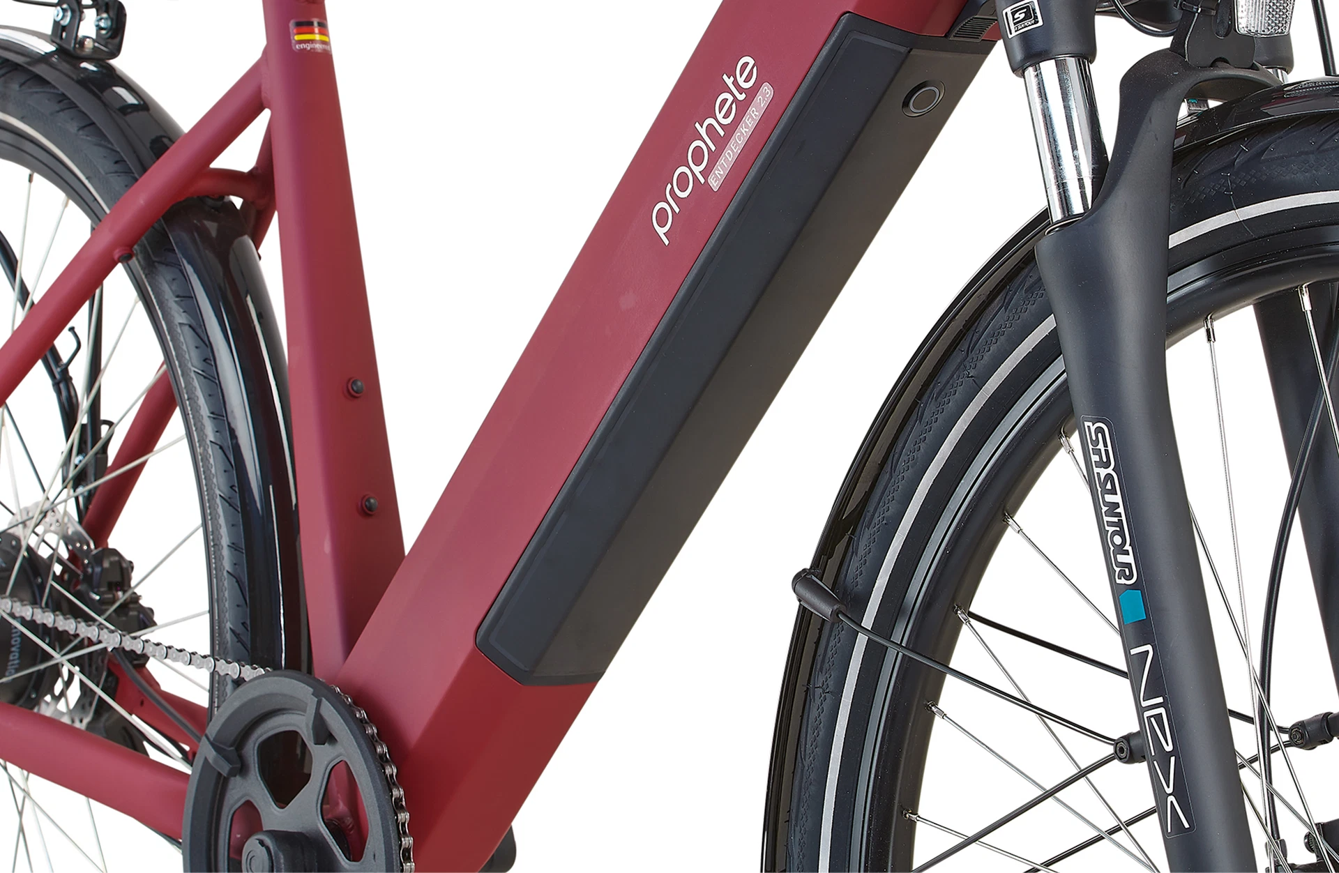 Bildausschnitt Detailansicht vollintegrierter Akku im Unterrohr mit Prophete Logo auf der Seite vor weißem Hintergrund