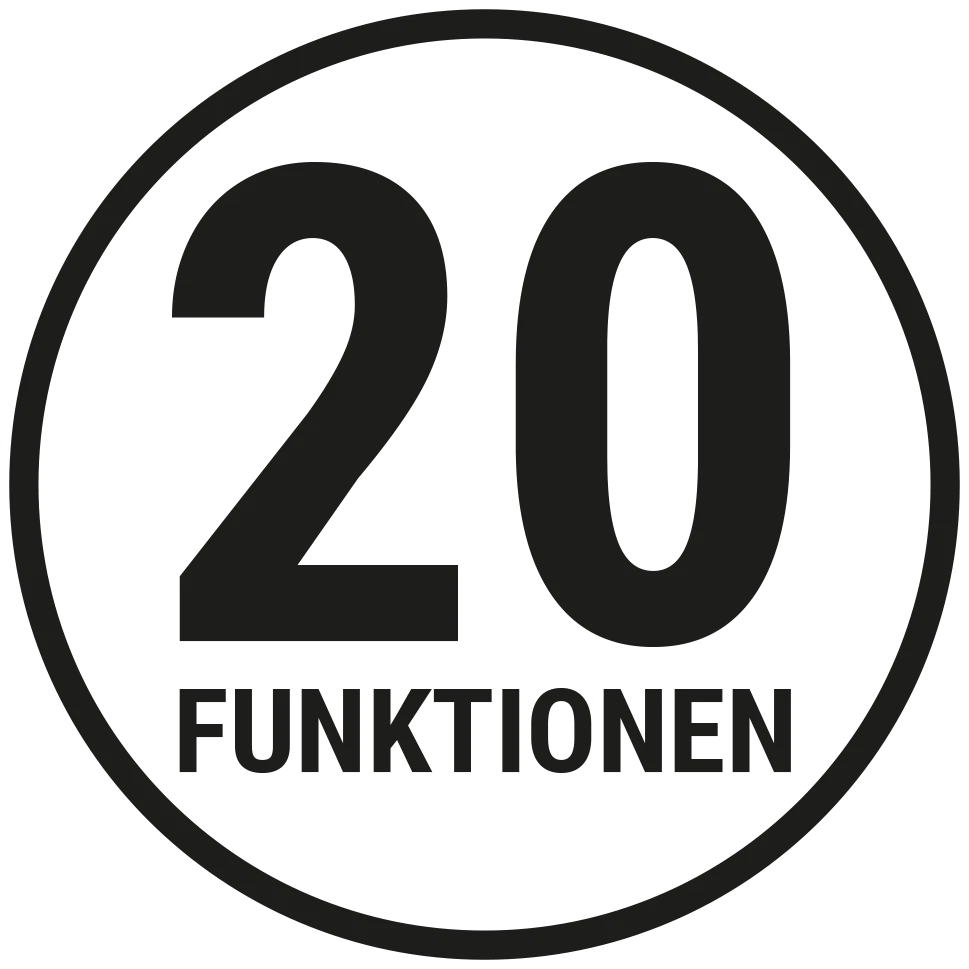 Icon 20 Funktionen in schwarzem Kreis auf weißem Grund
