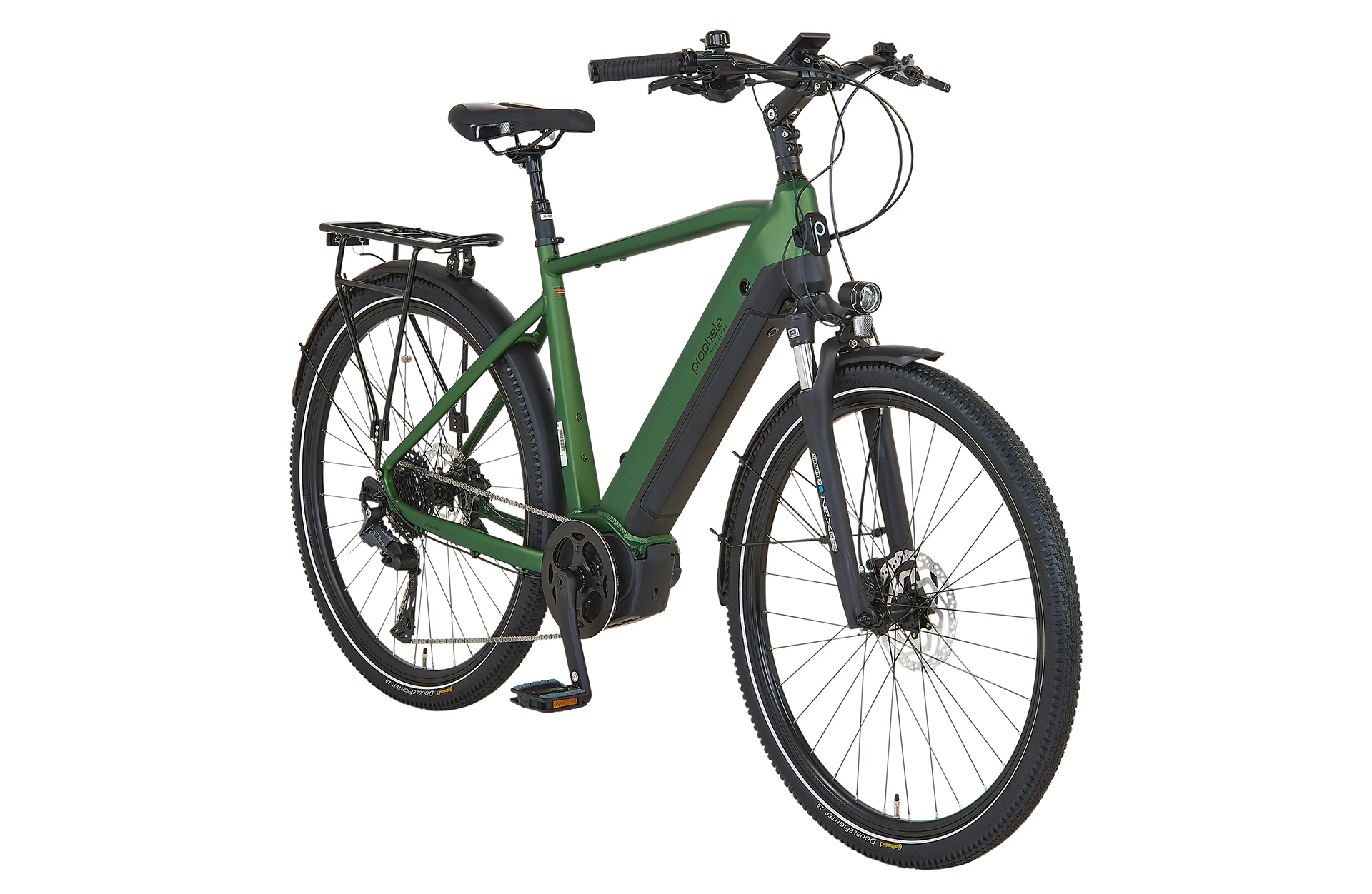 Vollansicht diagonal Prophete Entdecker 4.9 Trekking E-Bike mit vollintegriertem Akku im Diamantrahmen vor weißem Hintergrund