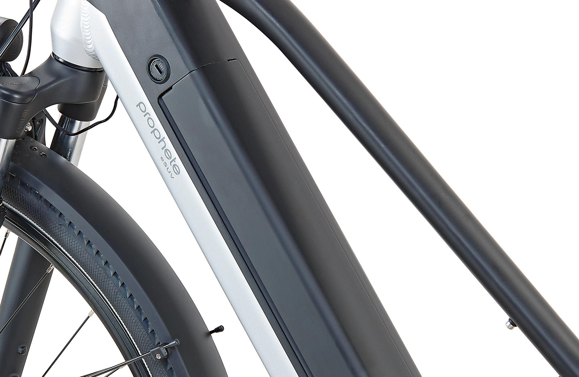 Bildausschnitt Detailansicht vollintegrierter Akku im Unterrohr mit Prophete Entdecker 5.0 Logo am Rahmen vor weißem Hintergrund