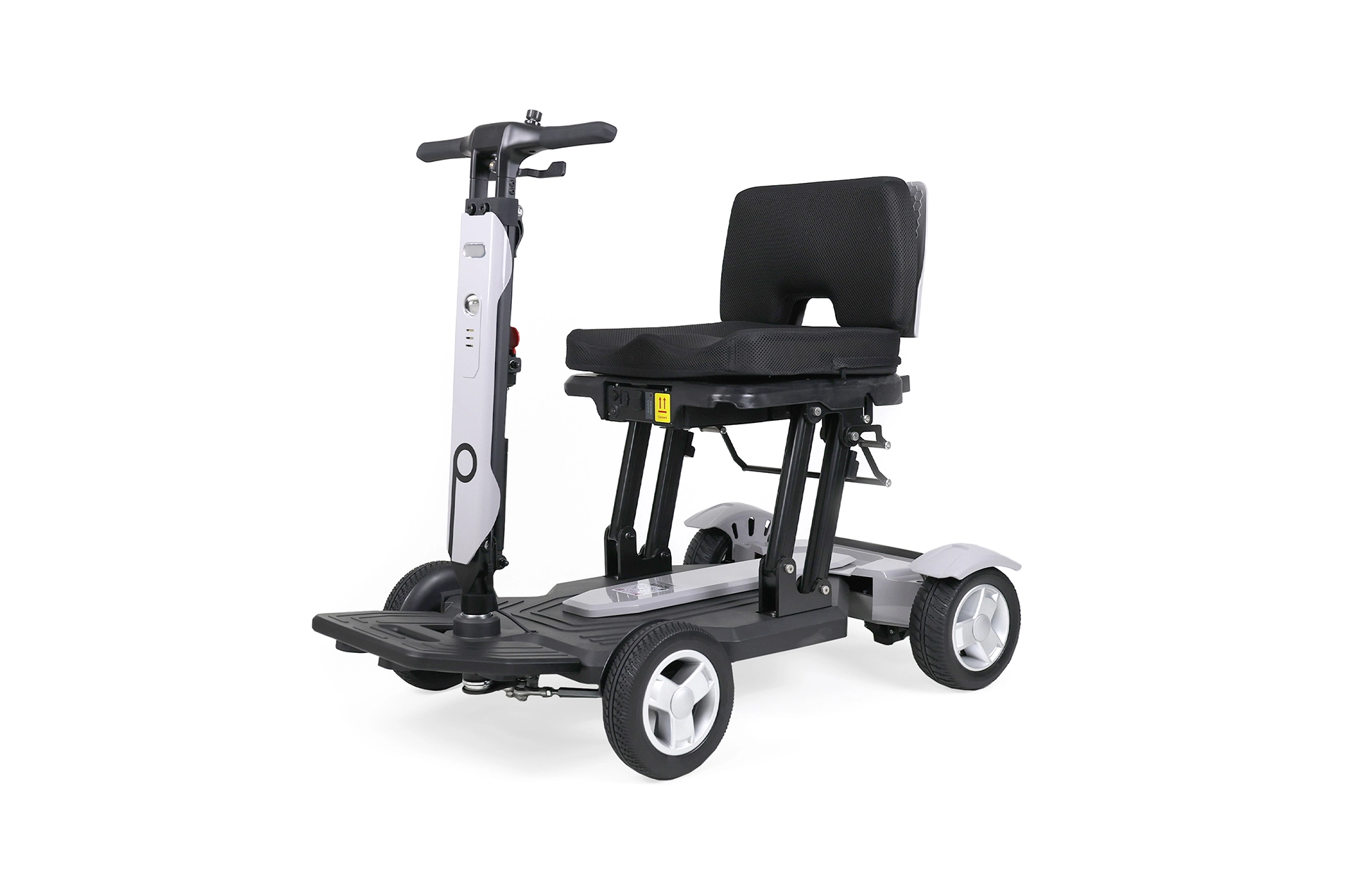 dreiviertelansicht eines grauen elektro-scooters mit sitz von vorne links