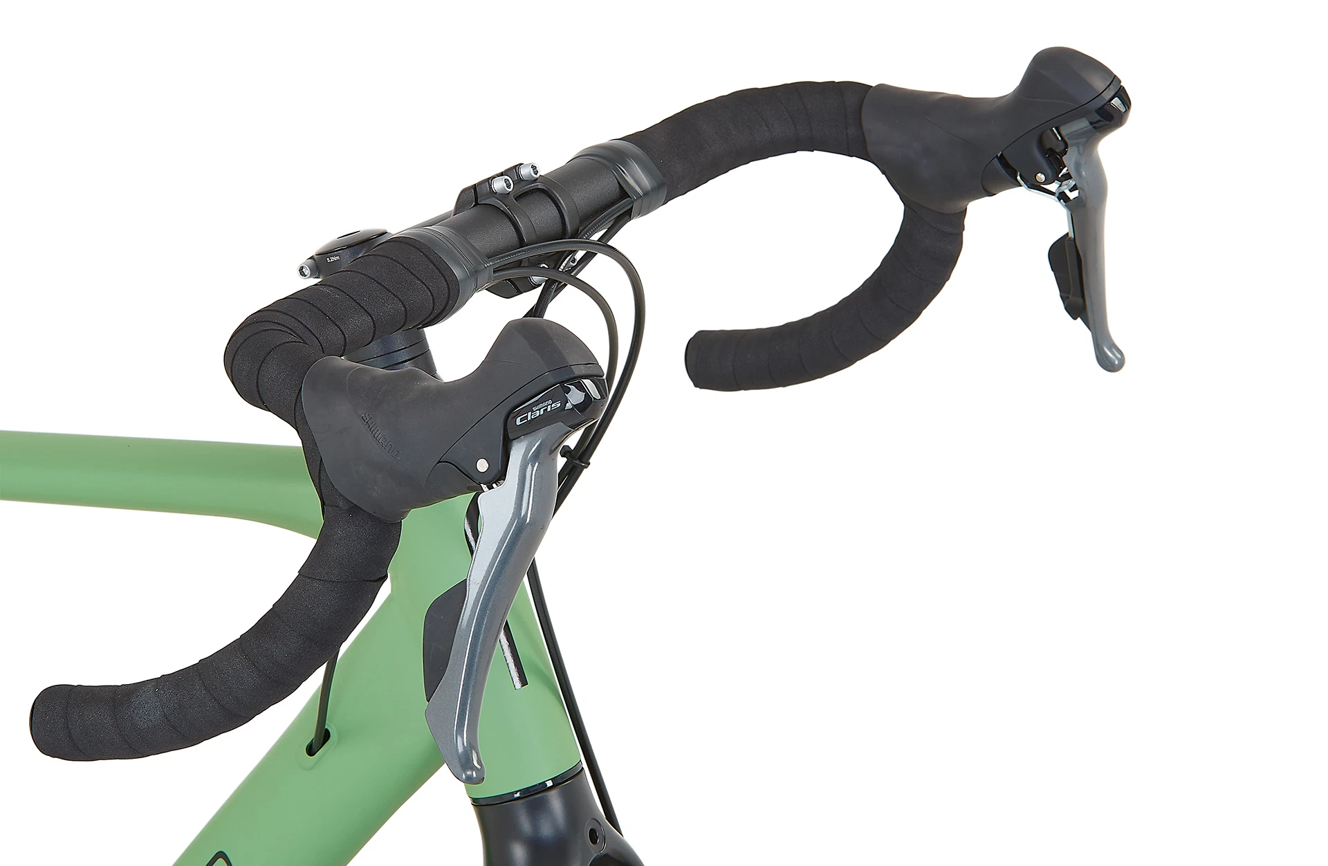 Bildausschnitt Detailansicht Dropbar Rennrad Lenker mit Lenkerband und Bremse vor weißem Hintergrund