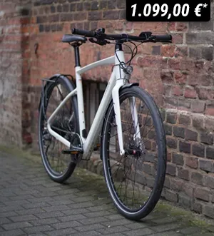 Weißes Urban E-Bike mit Diamantrahmen vor einer Backsteinmauer auf gepflastertem Boden, Preisangabe 1.099,00 €