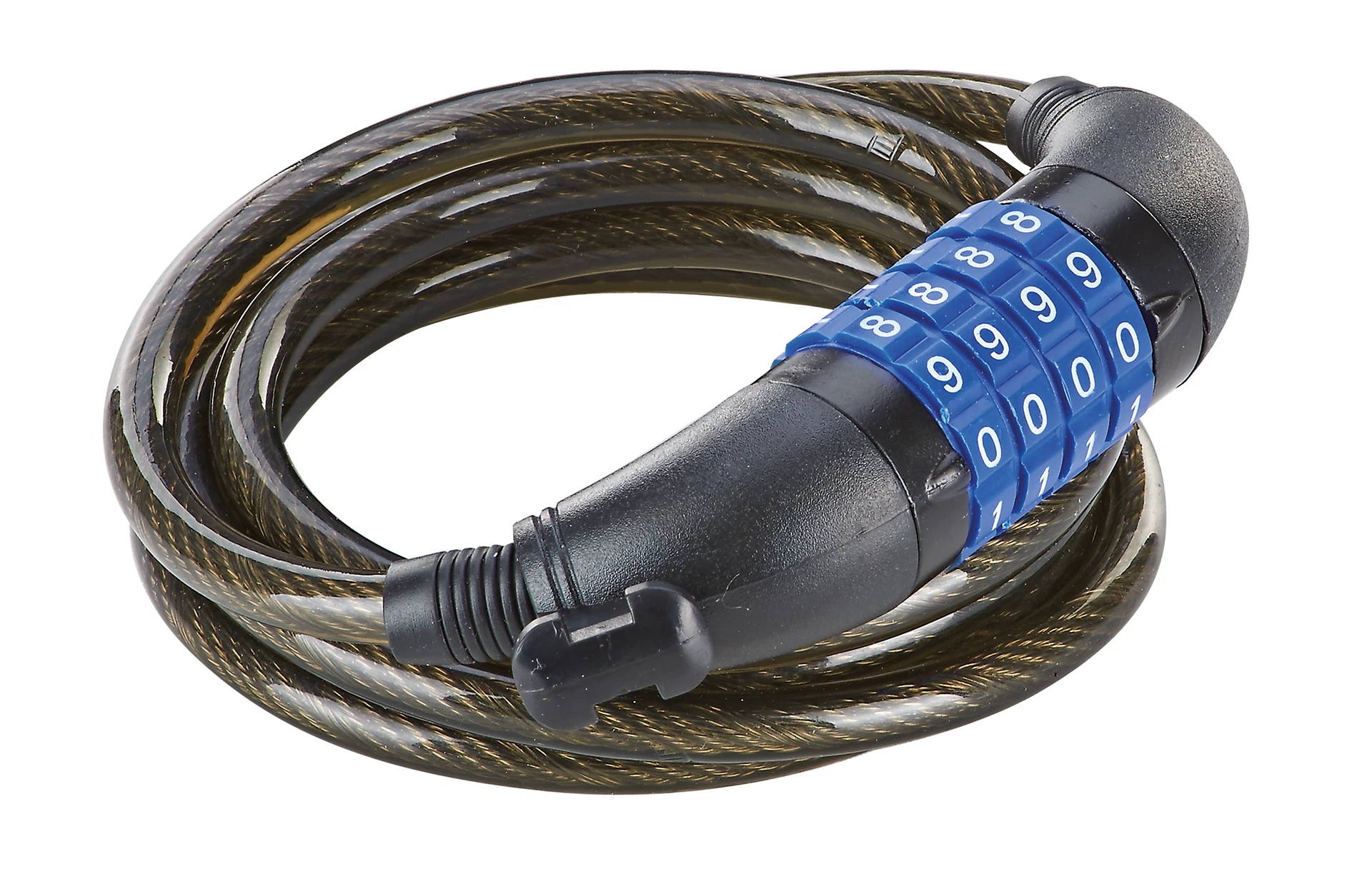 Kabelschloss schwarz mit blauem Zahlencode - diagonale Ansicht auf weißem Grund