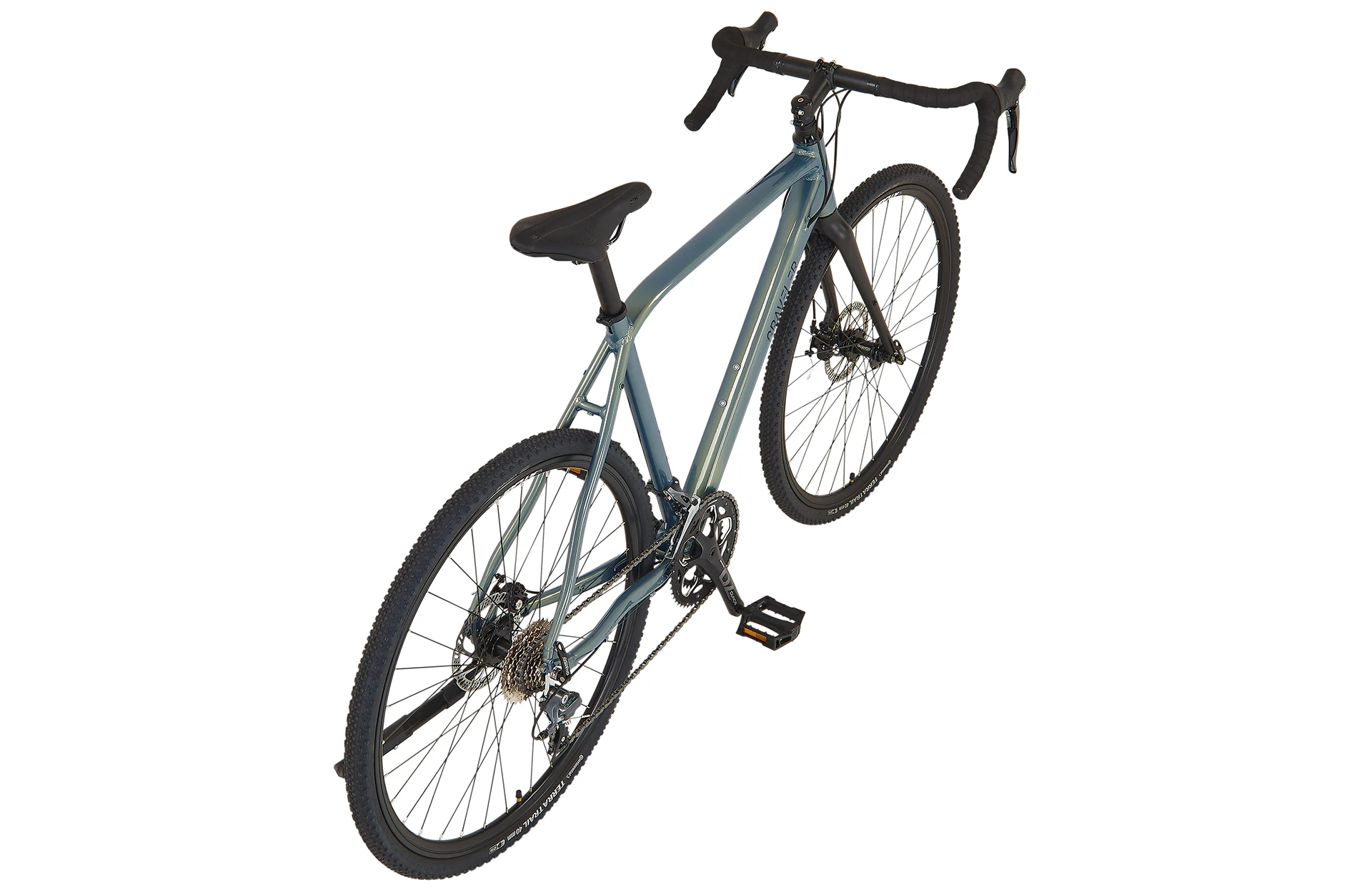 Vollansicht diagonal von oben hinten fotografiert Prophete Graveler Bike vor weißem Hintergrund