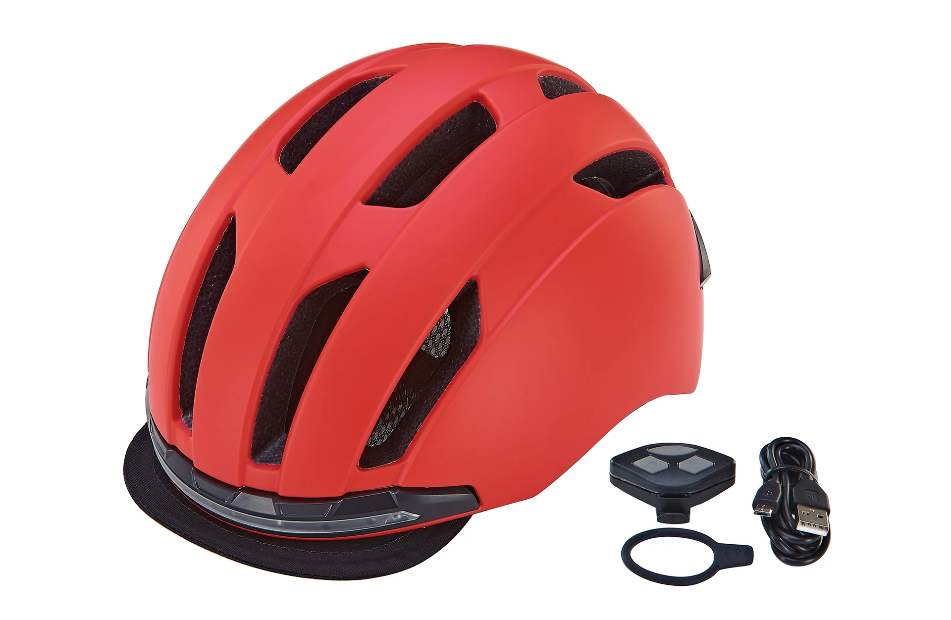 Fahrradhelm rot mit Fernbedienung - Ansicht von vorne auf weißem Grund