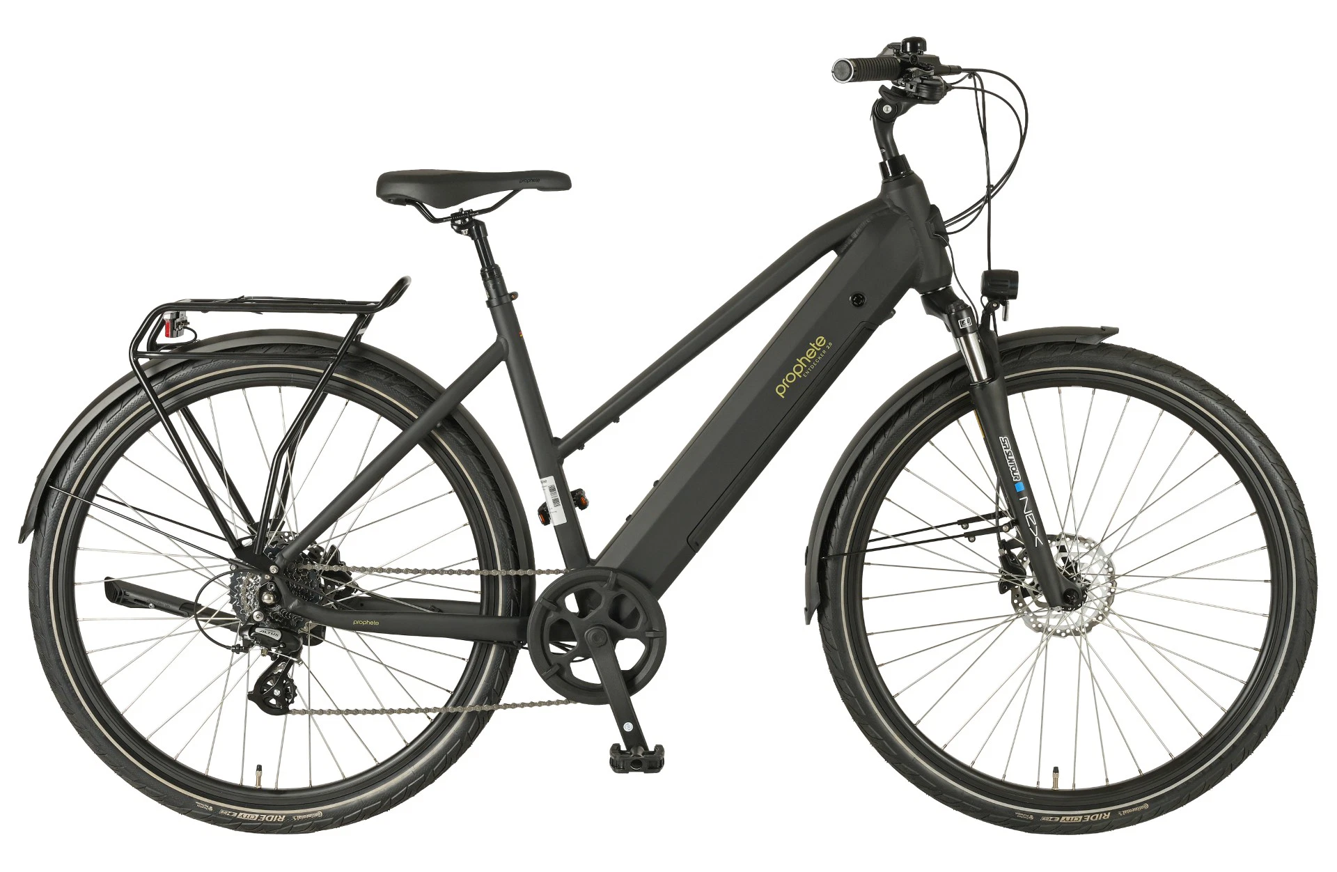 Entdecker 2.0 schwarz Trekking E-Bike Trapezrahmen - Planaufnahme auf weißem Grund