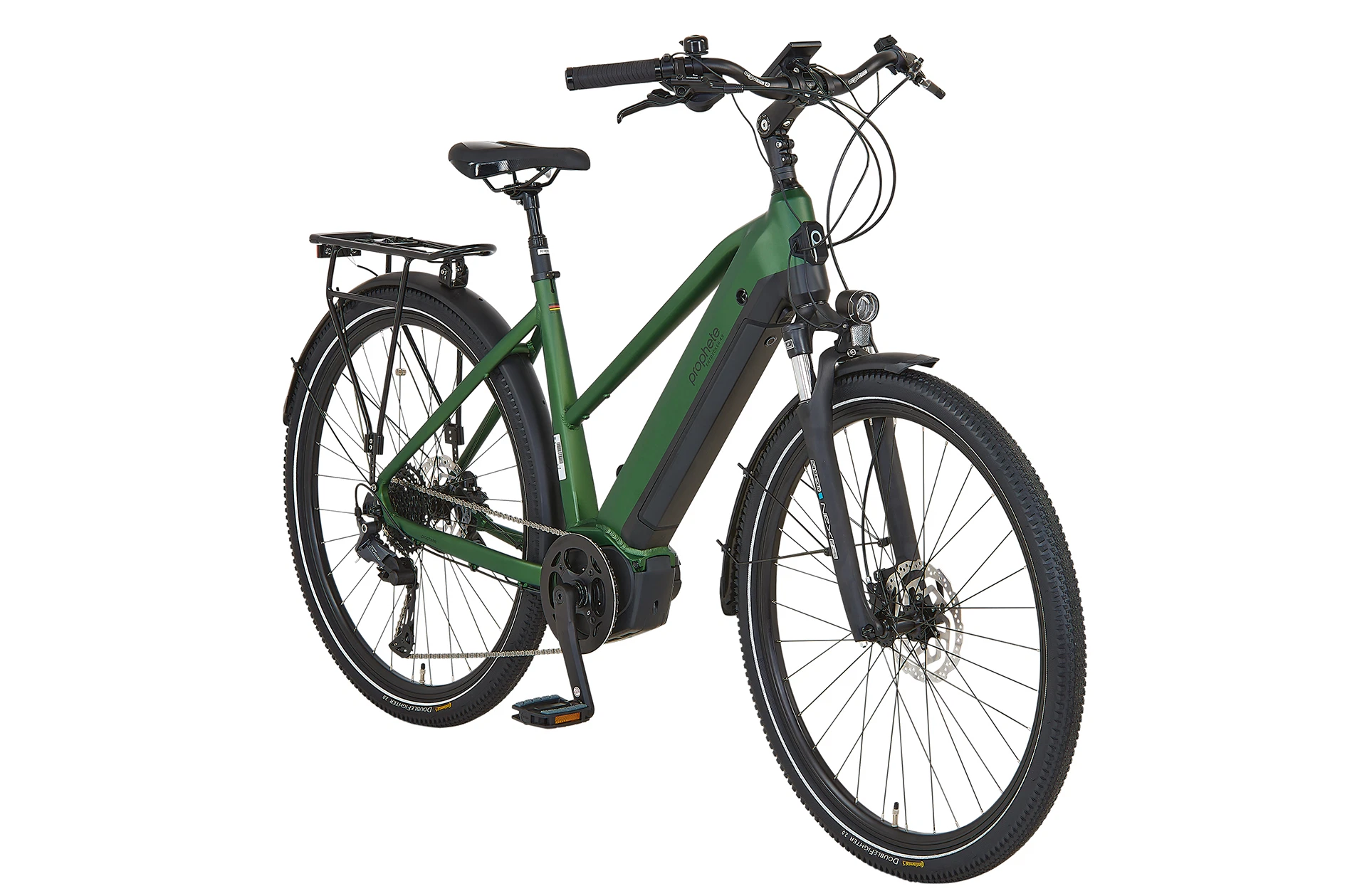 Vollansicht diagonal Prophete Entdecker 4.9 Trekking E-Bike mit vollintegriertem Akku im Trapezrahmen vor weißem Hintergrund