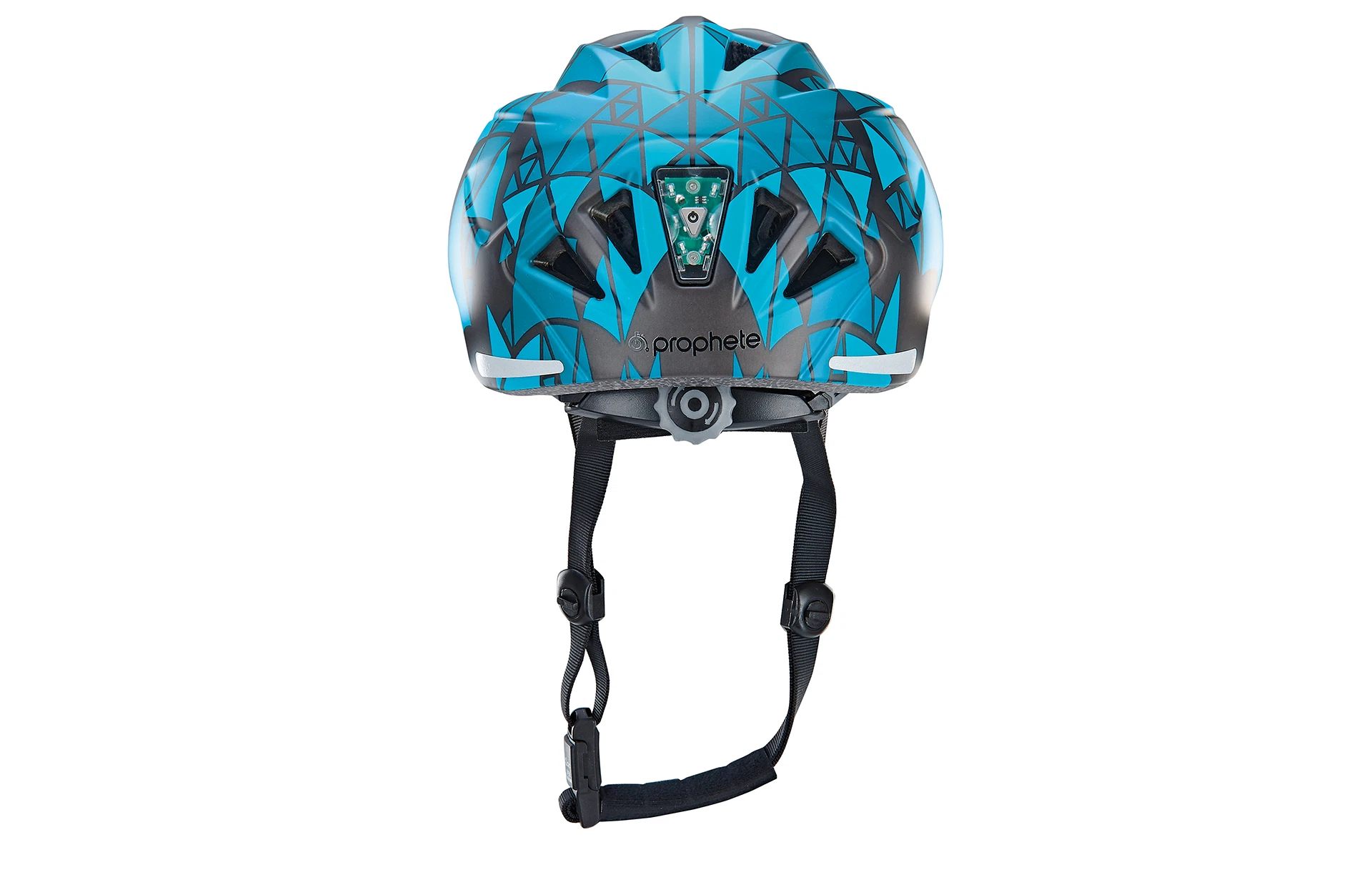 Fahrradhelm Kinder schwarz/blau - Ansicht von hinten auf weißem Grund