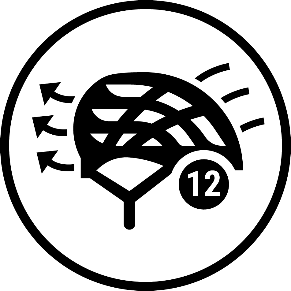 Icon Helmbelüftung 12 in schwarzem Kreis auf weißem Grund