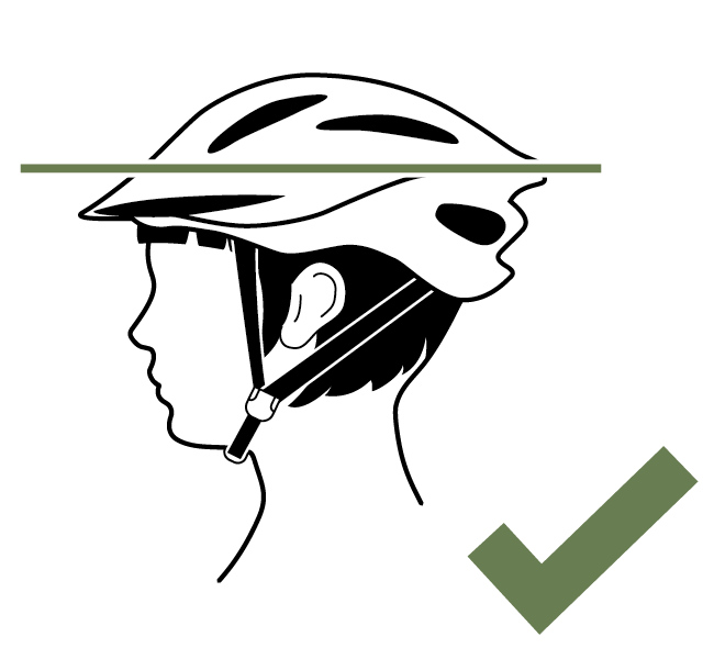 Fahrradhelm korrekt getragen – waagerechte Position, Stirn geschützt, grünes Häkchen zeigt richtige Passform