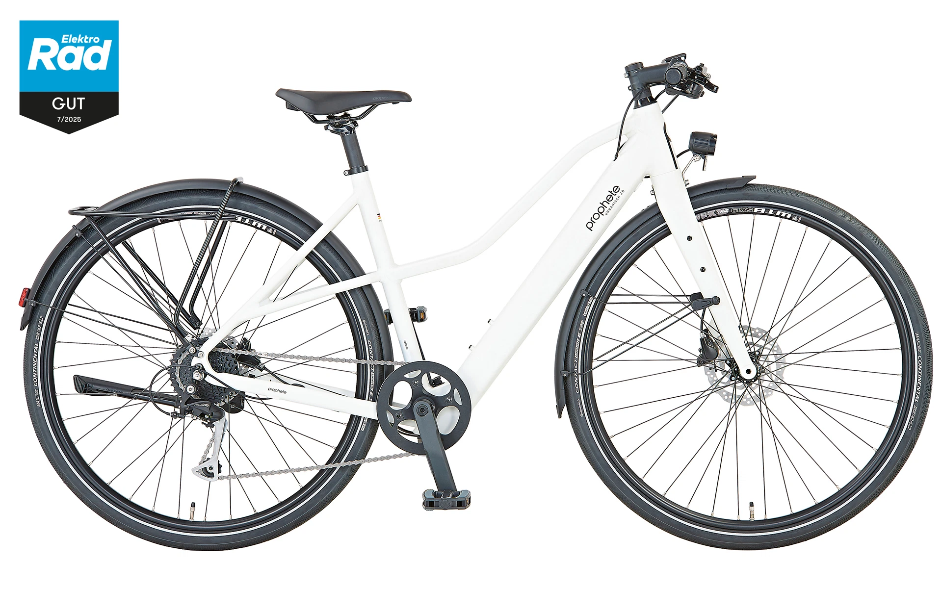 Vollansicht seitlich Prophete URBANICER 2.0 Urban E-Bike mit Trapezrahmen vor weißem Hintergrund