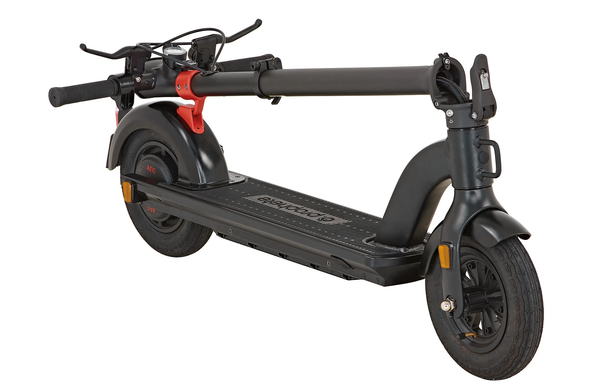 Vollansicht diagonal geklappt Prophete E-Scooter 10" Luftreifen vor weißem Hintergrund