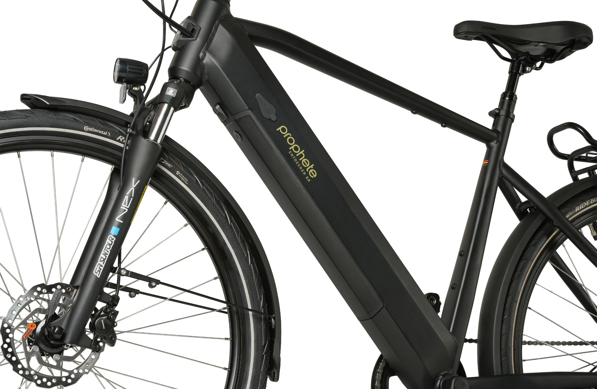 Entdecker 2.0 schwarz Trekking E-Bike Diamantrahmen - Detailansicht Akku auf weißem Grund