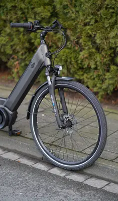 Vorderrad und Rahmen eines grauen E-Citybikes mit integriertem Akku, Scheibenbremse und Schutzblech vor Hecke