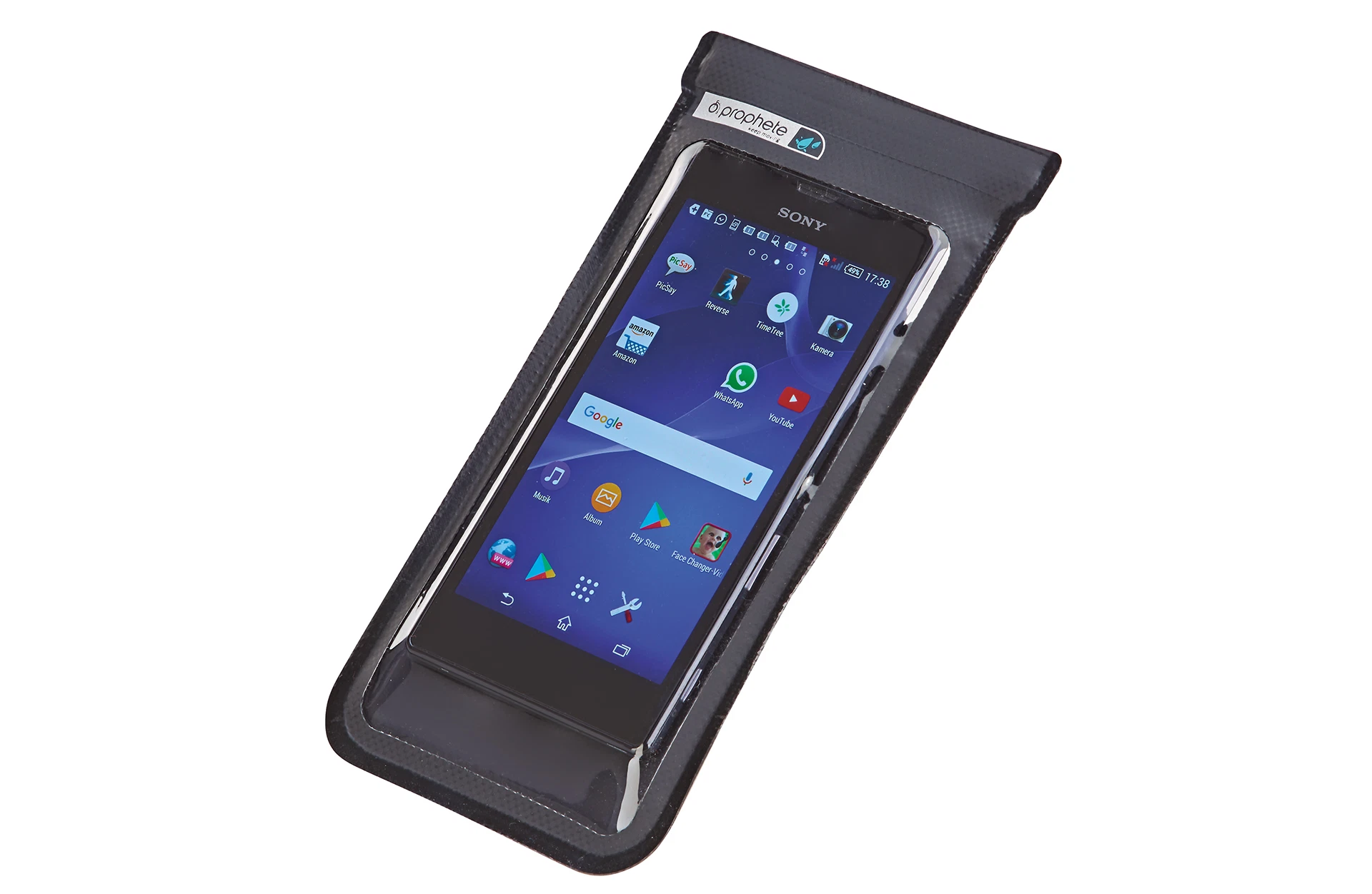 Smartphonehülle mit Handy - diagonale Ansicht auf weißem Grund