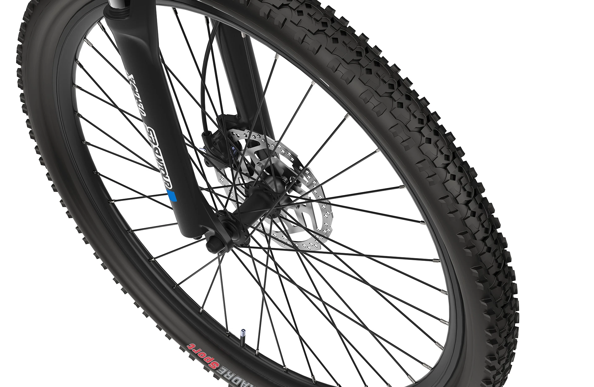 Bildausschnitt Detailansicht Scheibenbremse am Vorderrad vor weißem Hintergrund