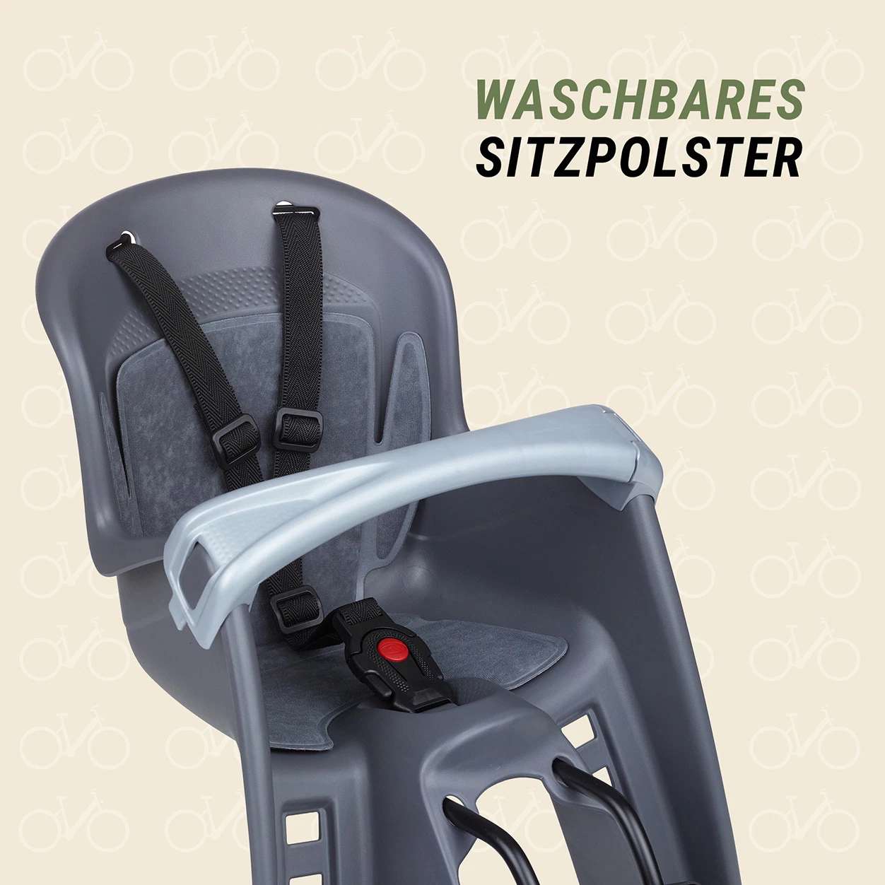 Kindersitz Fahrrad mit waschbarem Polster - diagonale Ansicht