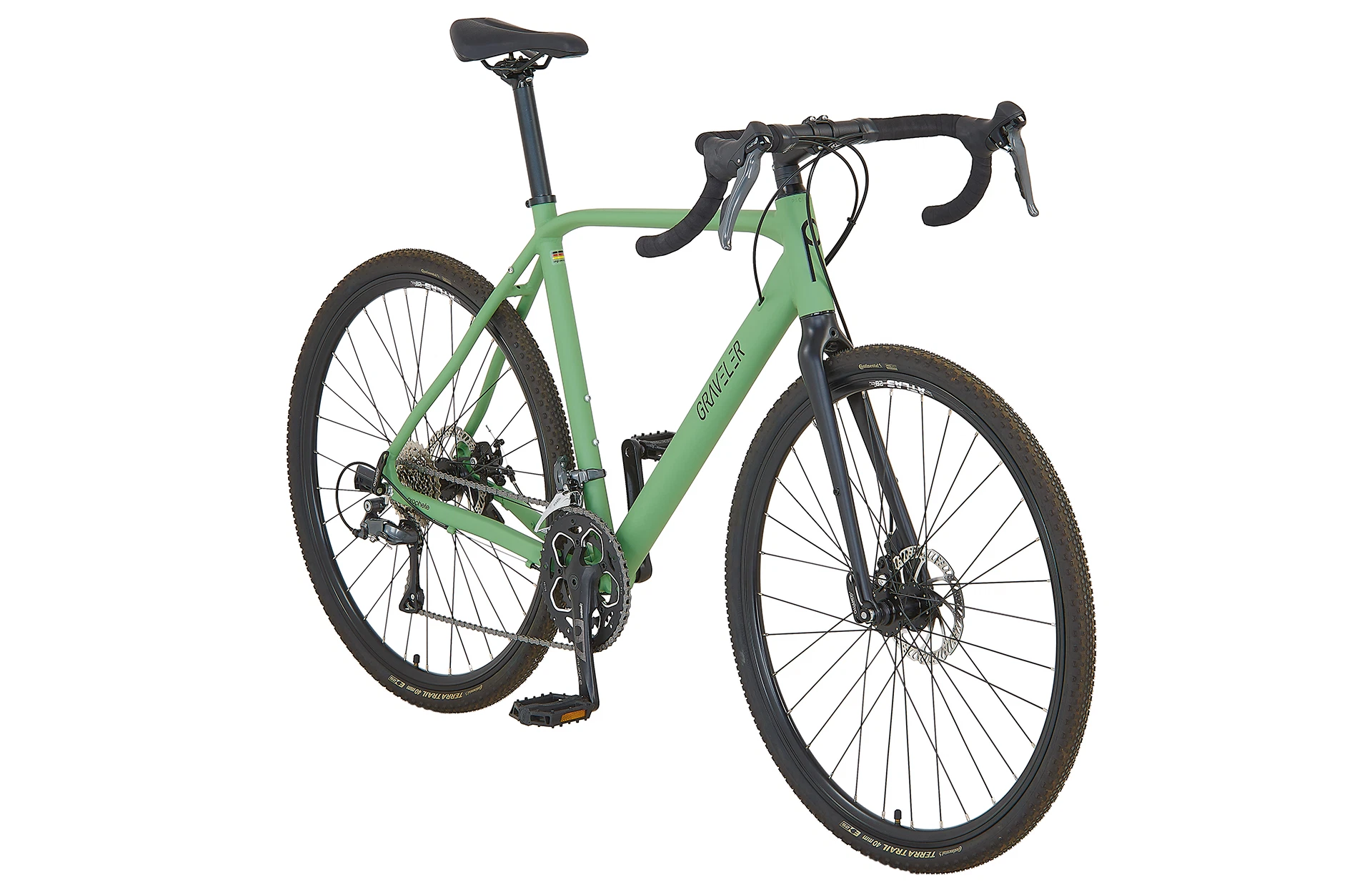 Vollansicht diagonal Prophete Graveler Gravelbike mit Dropbar Rennradlenker vor weißem Hintergrund