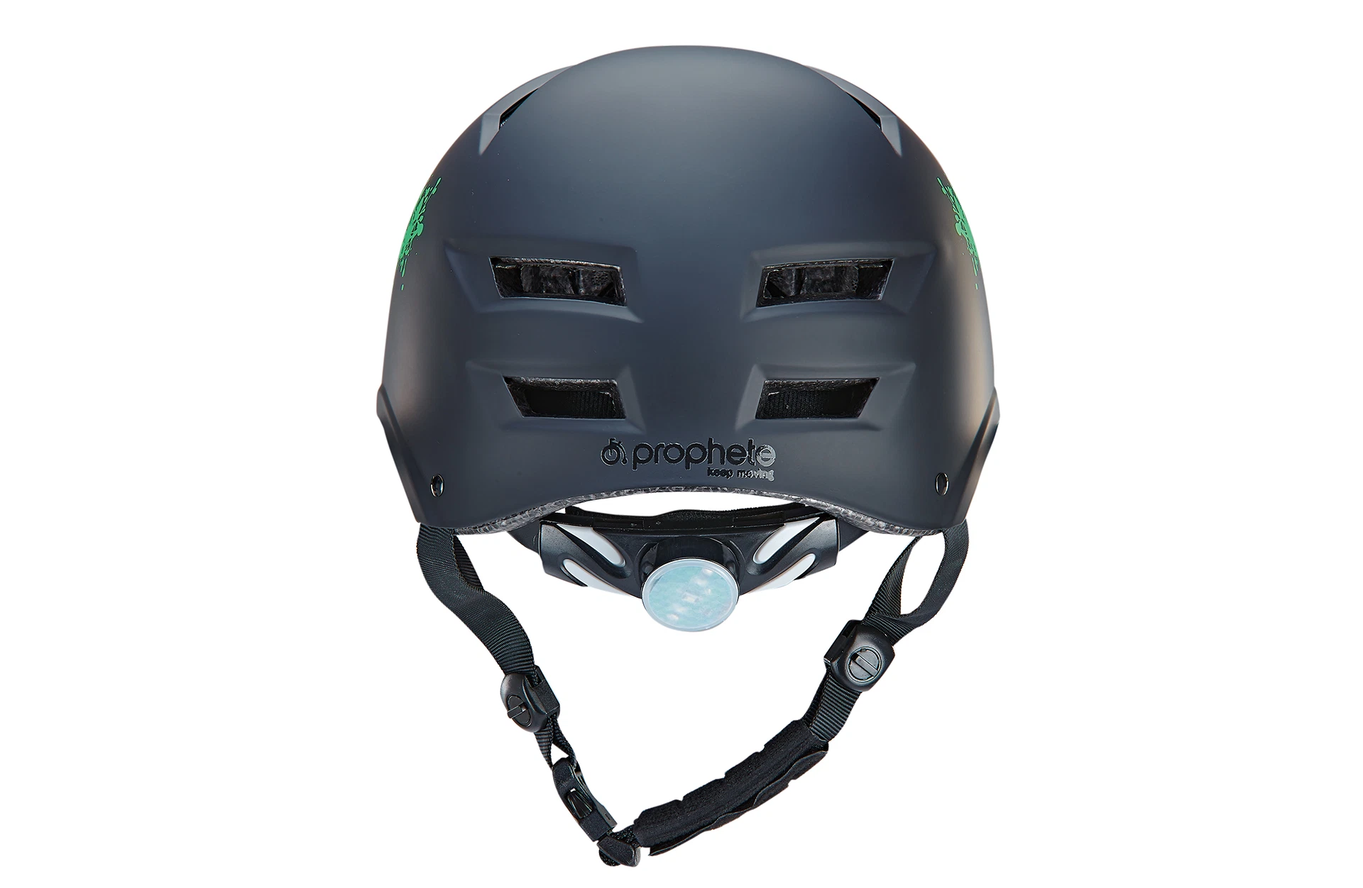 Fahrradhelm schwarz/grün - Ansicht von hinten auf weißem Grund
