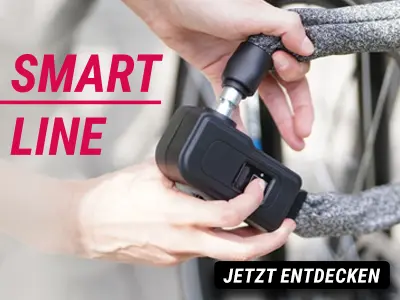 Fingerabdruckschloss wird mit Finger geöffnet, im Vordergrund steht der Text ‚Smart Line‘