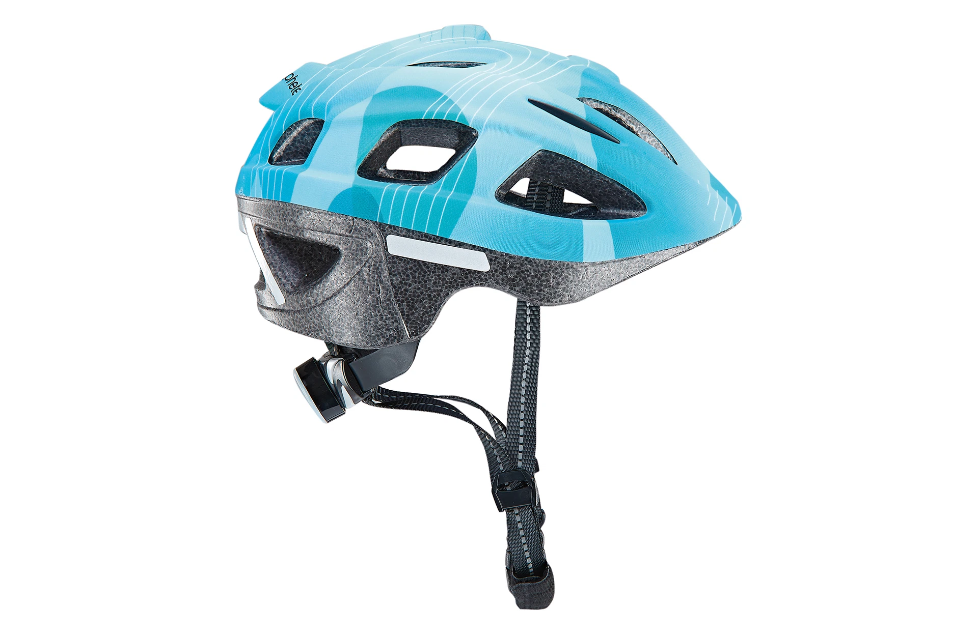 Fahrradhelm blau für Kinder - seitliche Ansicht auf weißem Grund