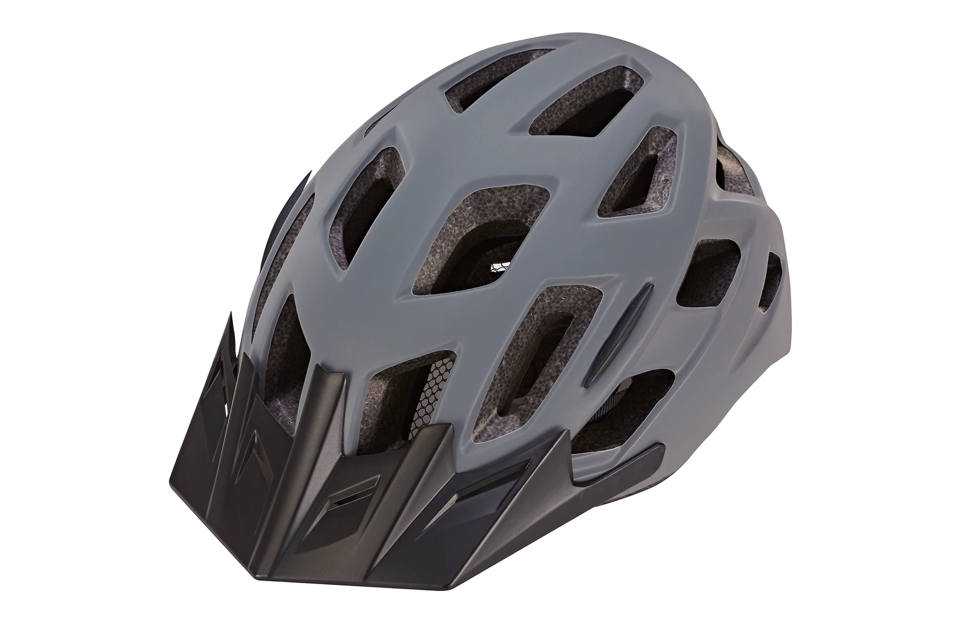 Fahrradhelm MTB grau - diagonale Ansicht auf weißem Grund