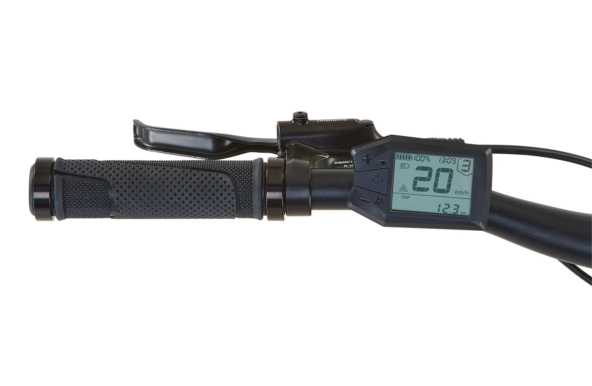 Bildausschnitt linker Lenkergriff mit LCD-Display mit Bedieneinheit und Bremshebel vor weißem Hintergrund