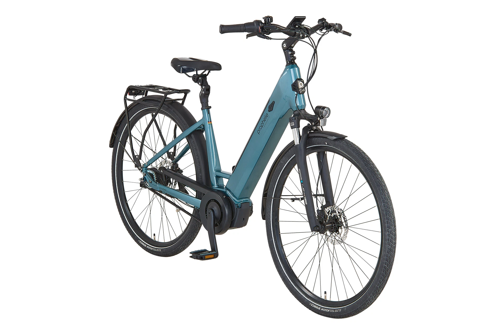 Geniesser 5.0 blau City E-Bike - diagonale Ansicht auf weißem Grund