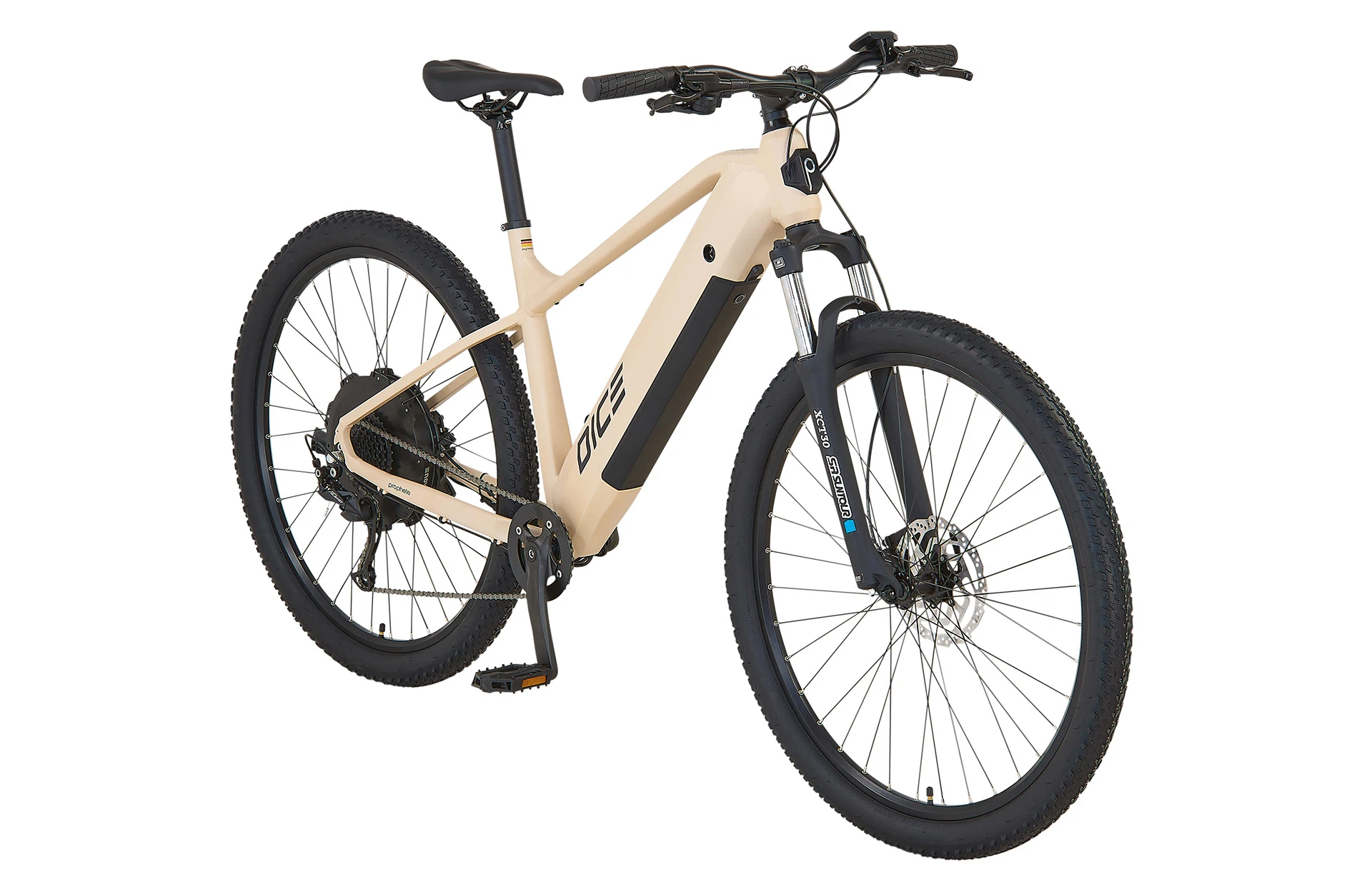 Diagonale Ansicht Prophete Dice E-MTB vor weißem Hintergrund