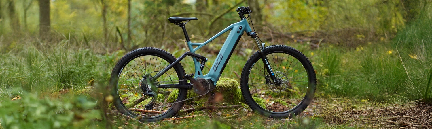 Vollansicht seitlich Prophete E-Bike Fully DICE auf unbefestigtem Boden im Wald