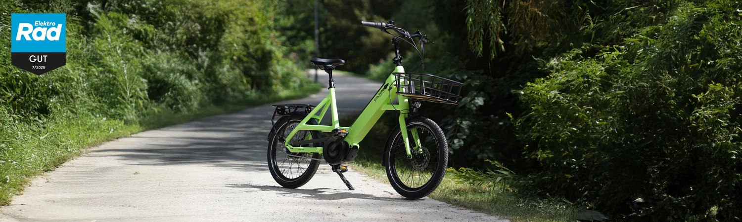 Grünes E-Bike mit Frontkorb, geparkt auf schattigem Weg inmitten üppiger grüner Vegetation – Bannerbild mit natürlicher Atmosphäre