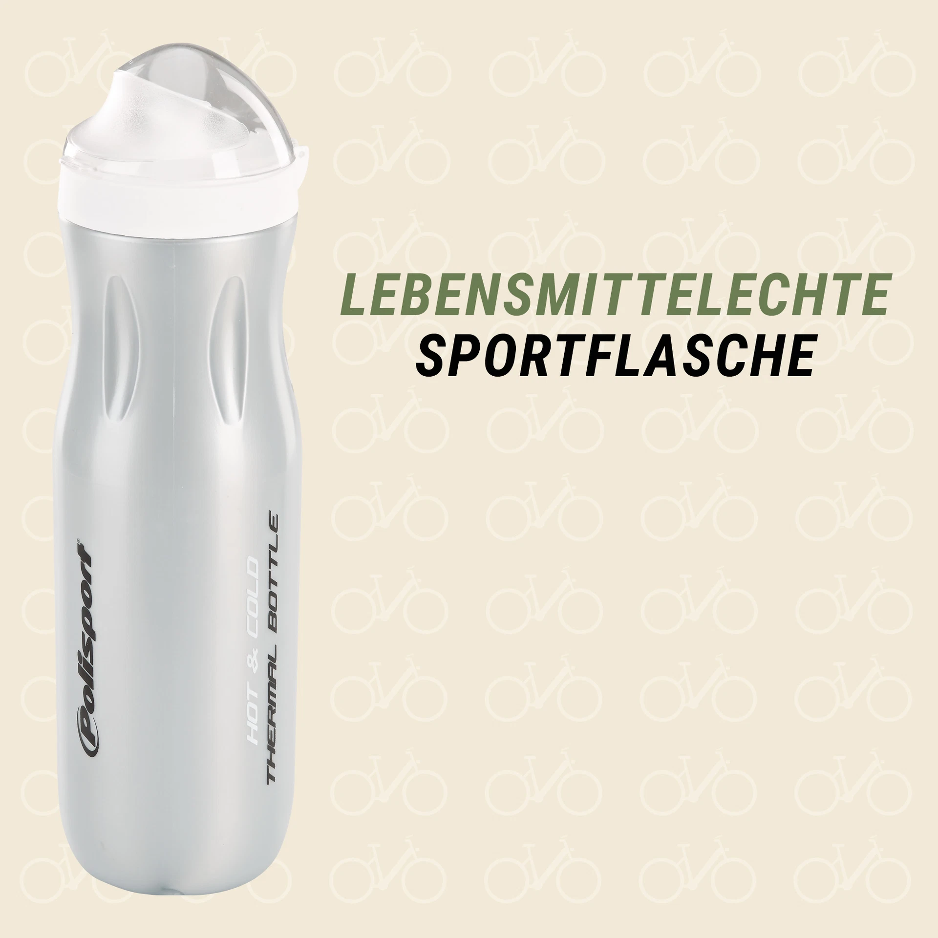 Trinkflasche silber Polisport lebensmittelecht auf weißem Grund