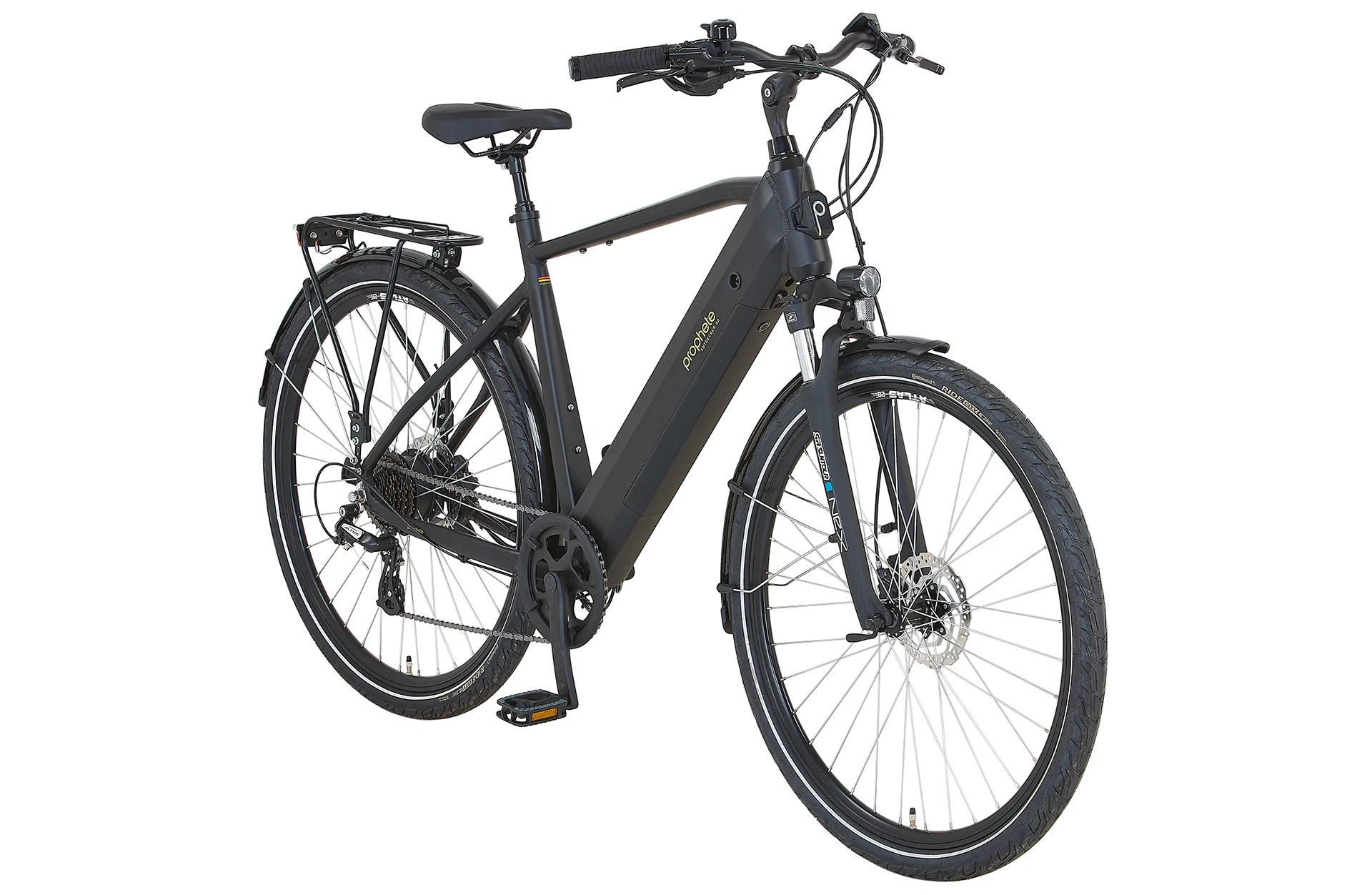 Vollansicht diagonal Prophete Entdecker 2.0 Trekking E-Bike mit vollintegriertem Akku im Diamantrahmen vor weißem Hintergrund