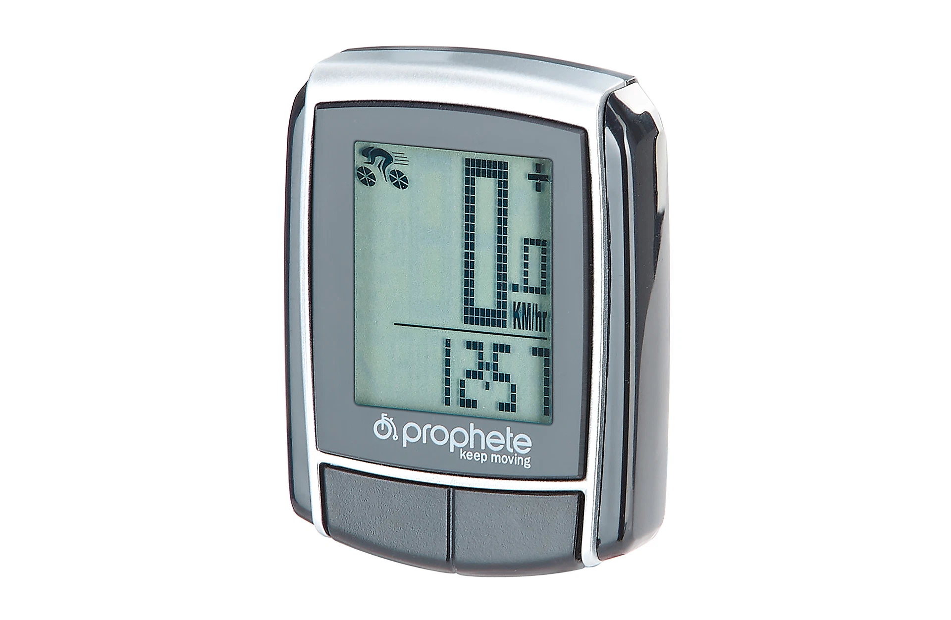 Fahrradcomputer grau - diagonale Ansicht auf weißem Grund