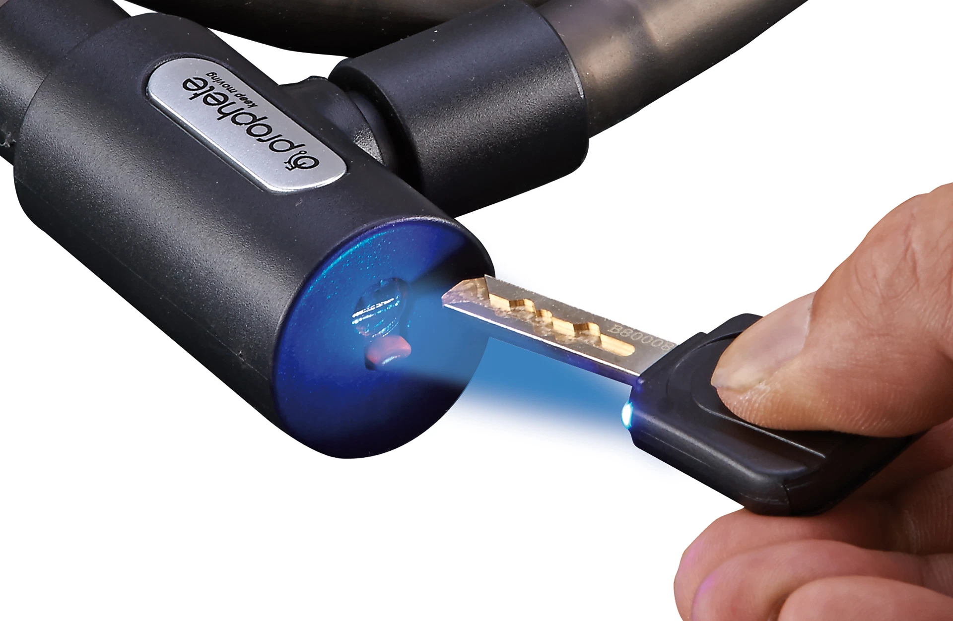 Kabelschloss Schlüssel mit Licht - diagonale Ansicht auf weißem Grund