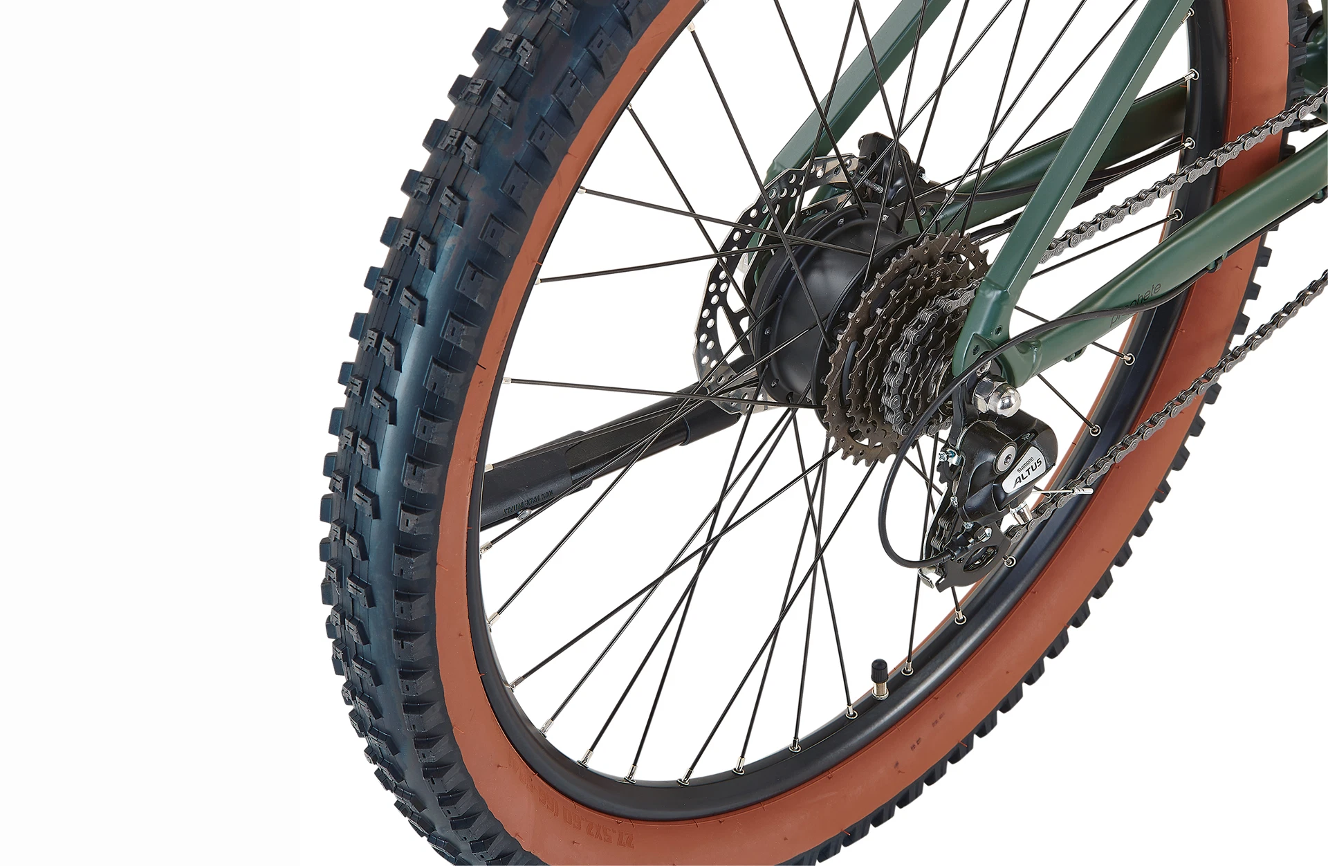 Hinterrad Prophete E-MTB samt  rotbrauner Seitenwand mit integriertem Heckmotor samt Shimano Kettenschaltung