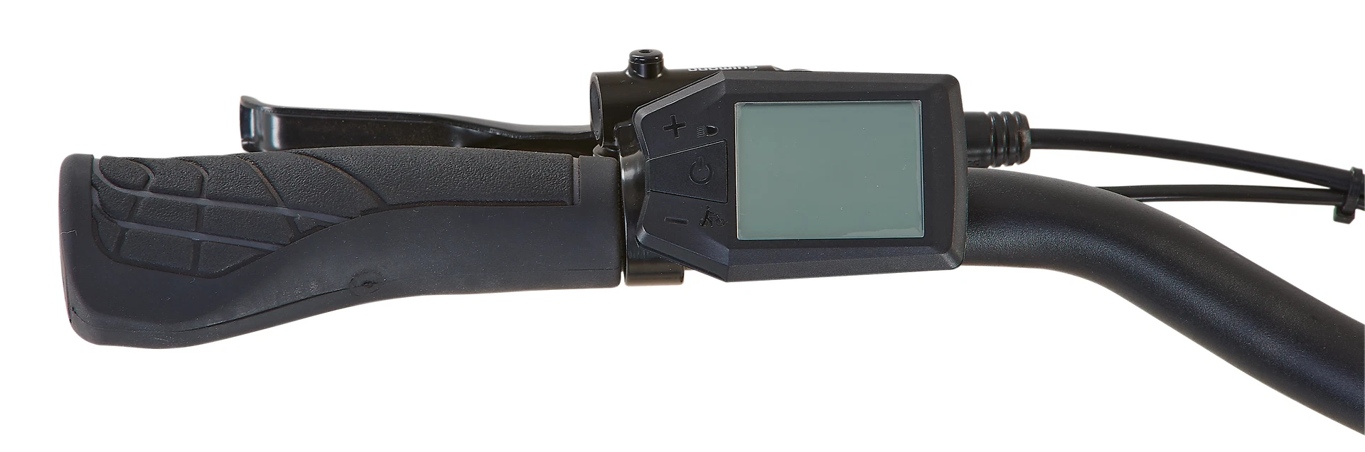 Bildausschnitt Detailansicht ausgeschaltetes LCD Display am Lenker mit Griff und Bremse vor weißem Hintergrund