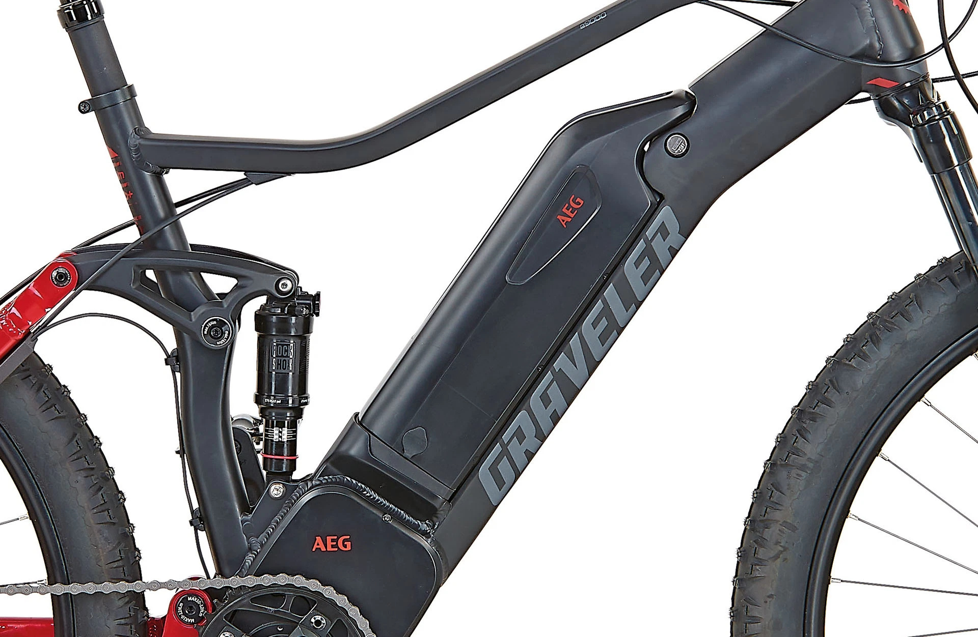 Bildausschnitt Detailansicht Dämpfer am Hinterbau und semiintegrierter AEG am Unterrohr vor weißem Hintergrund